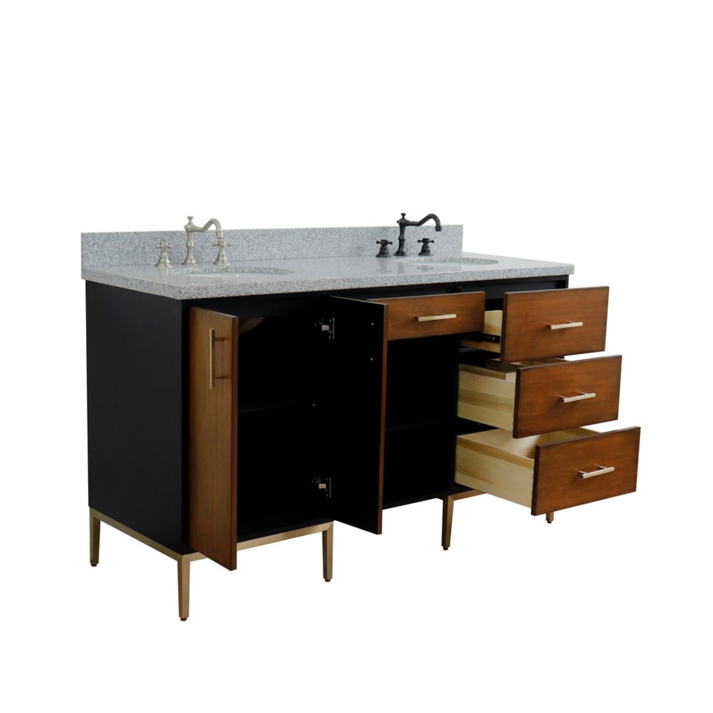 61" Double sink vanity in Walnut and Black finish and Gray granite and oval sink