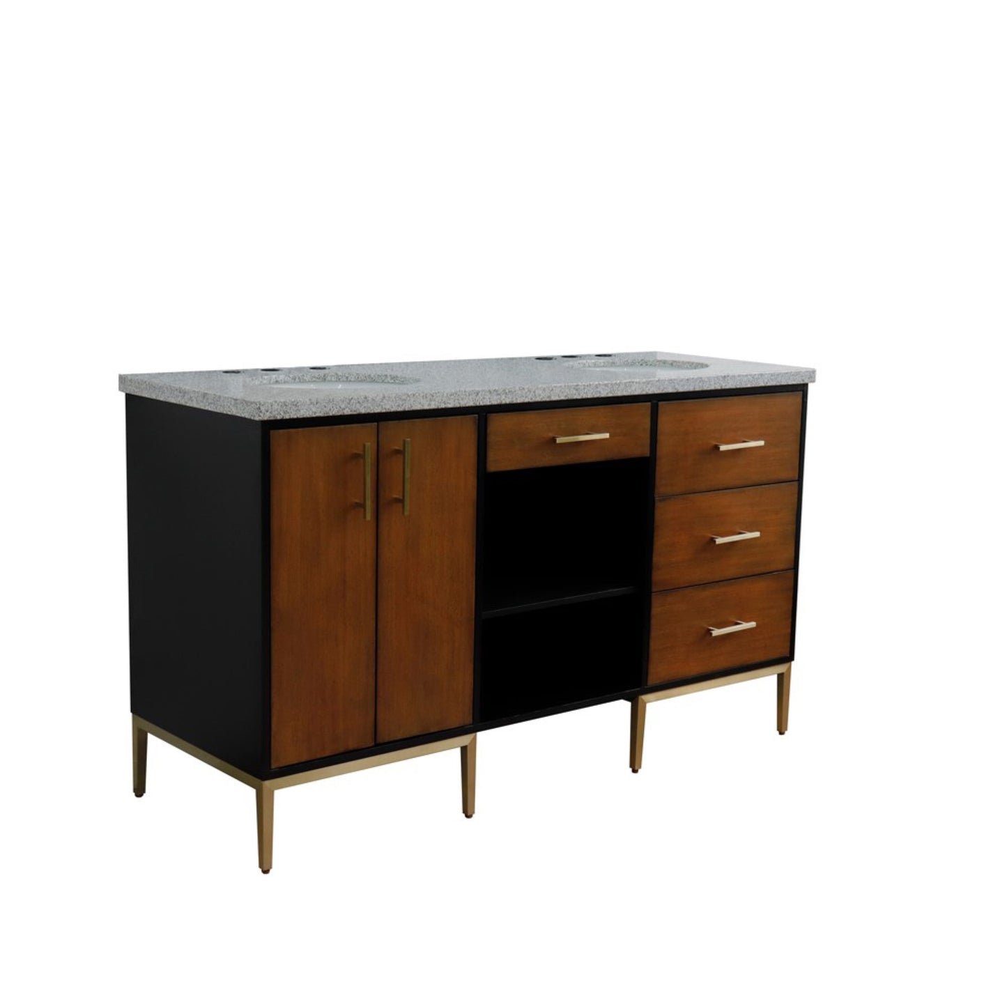 61" Double sink vanity in Walnut and Black finish and Gray granite and oval sink