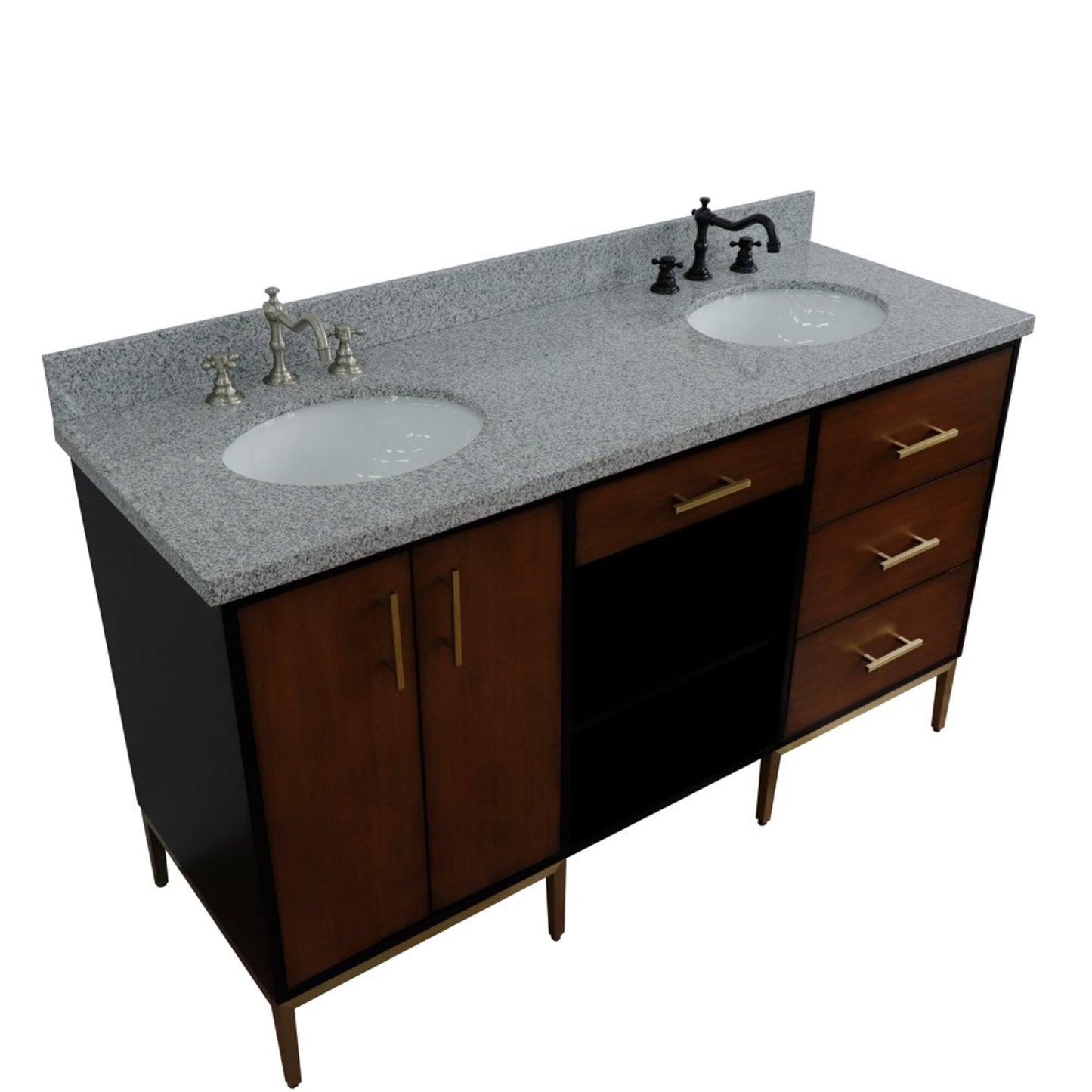 61" Double sink vanity in Walnut and Black finish and Gray granite and oval sink
