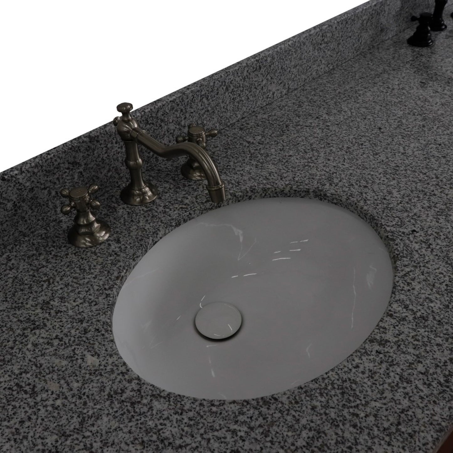 61" Double sink vanity in Walnut and Black finish and Gray granite and oval sink
