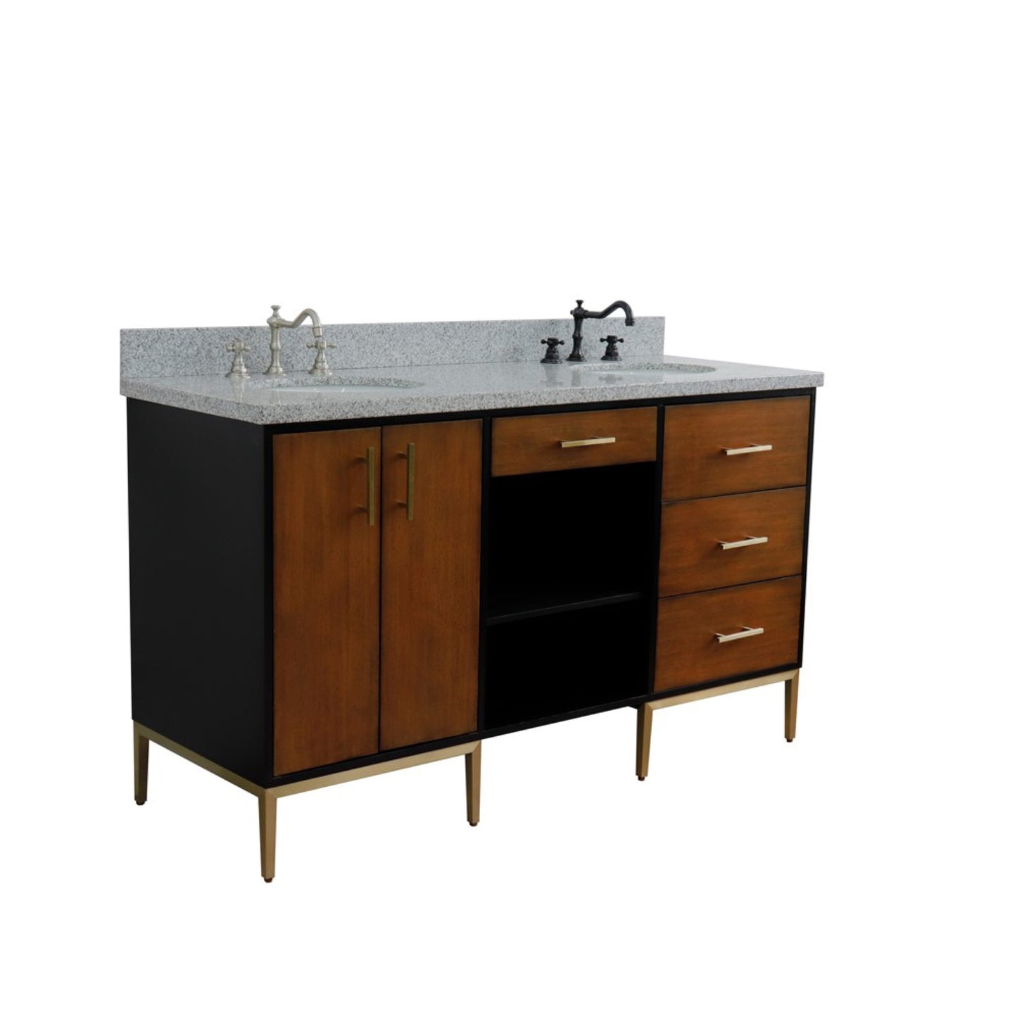 61" Double sink vanity in Walnut and Black finish and Gray granite and oval sink