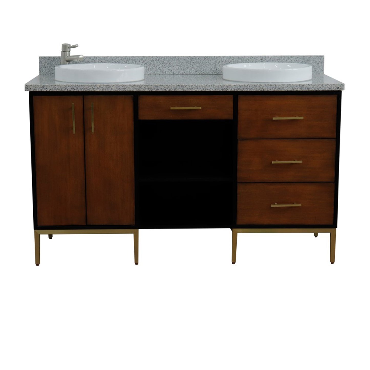 61" Double sink vanity in Walnut and Black finish and Gray granite and round sink