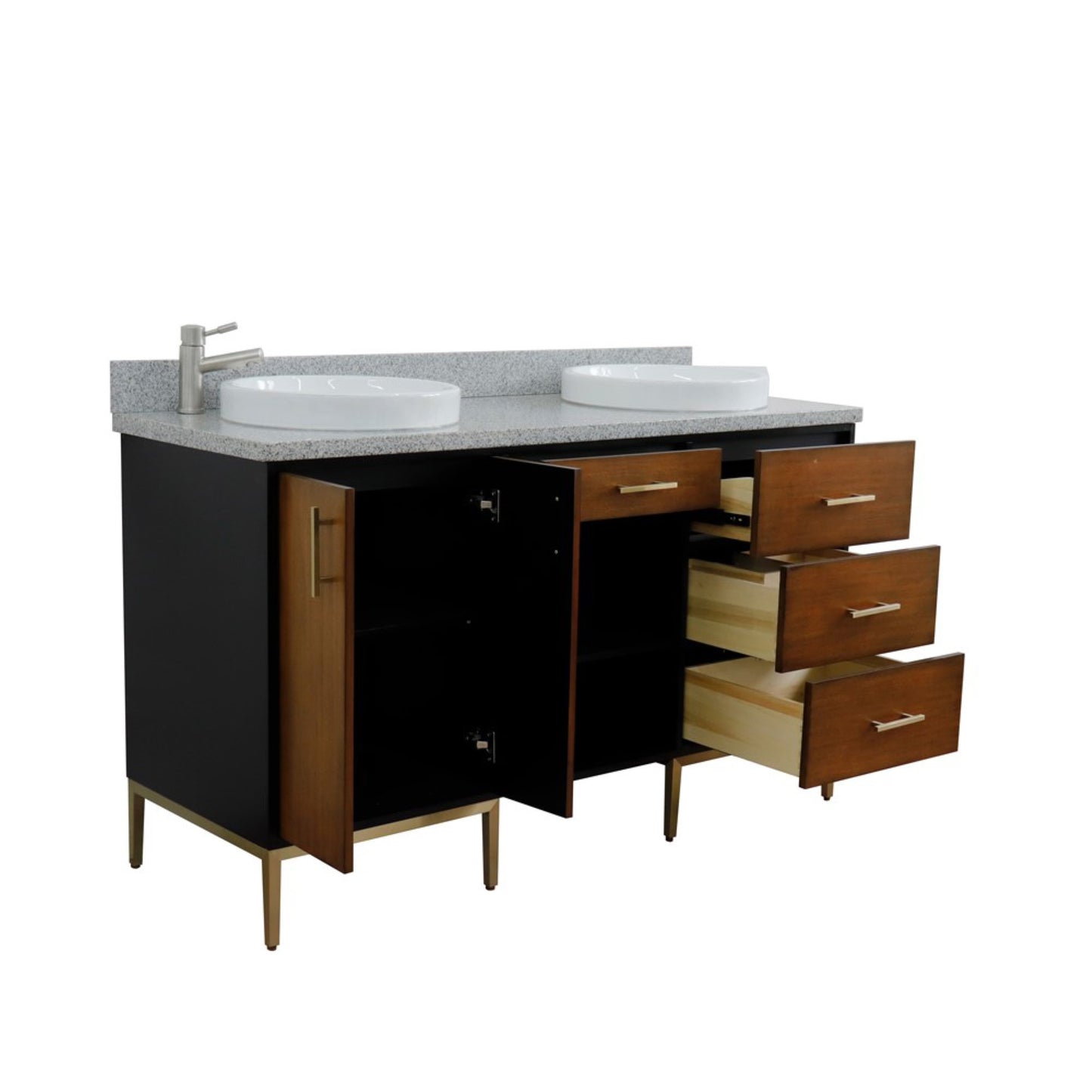 61" Double sink vanity in Walnut and Black finish and Gray granite and round sink