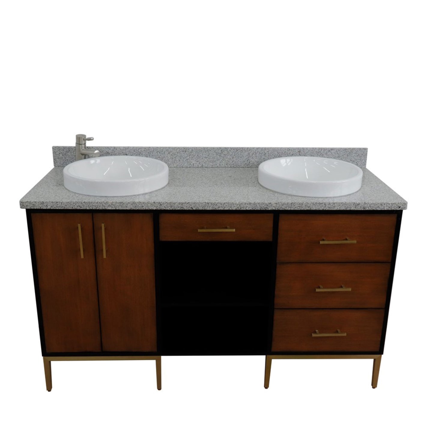 61" Double sink vanity in Walnut and Black finish and Gray granite and round sink