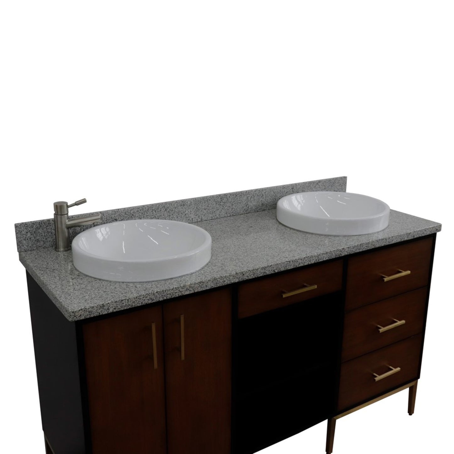 61" Double sink vanity in Walnut and Black finish and Gray granite and round sink