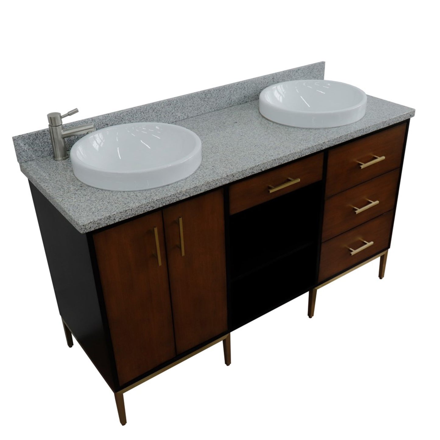 61" Double sink vanity in Walnut and Black finish and Gray granite and round sink