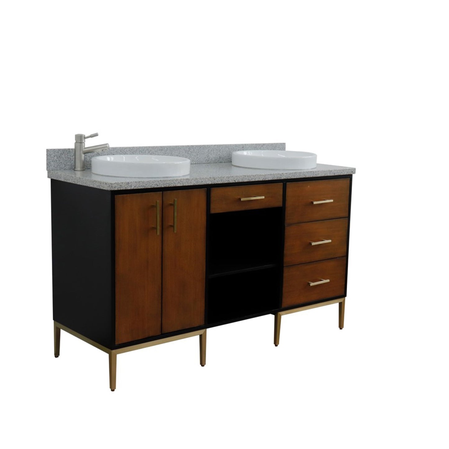 61" Double sink vanity in Walnut and Black finish and Gray granite and round sink
