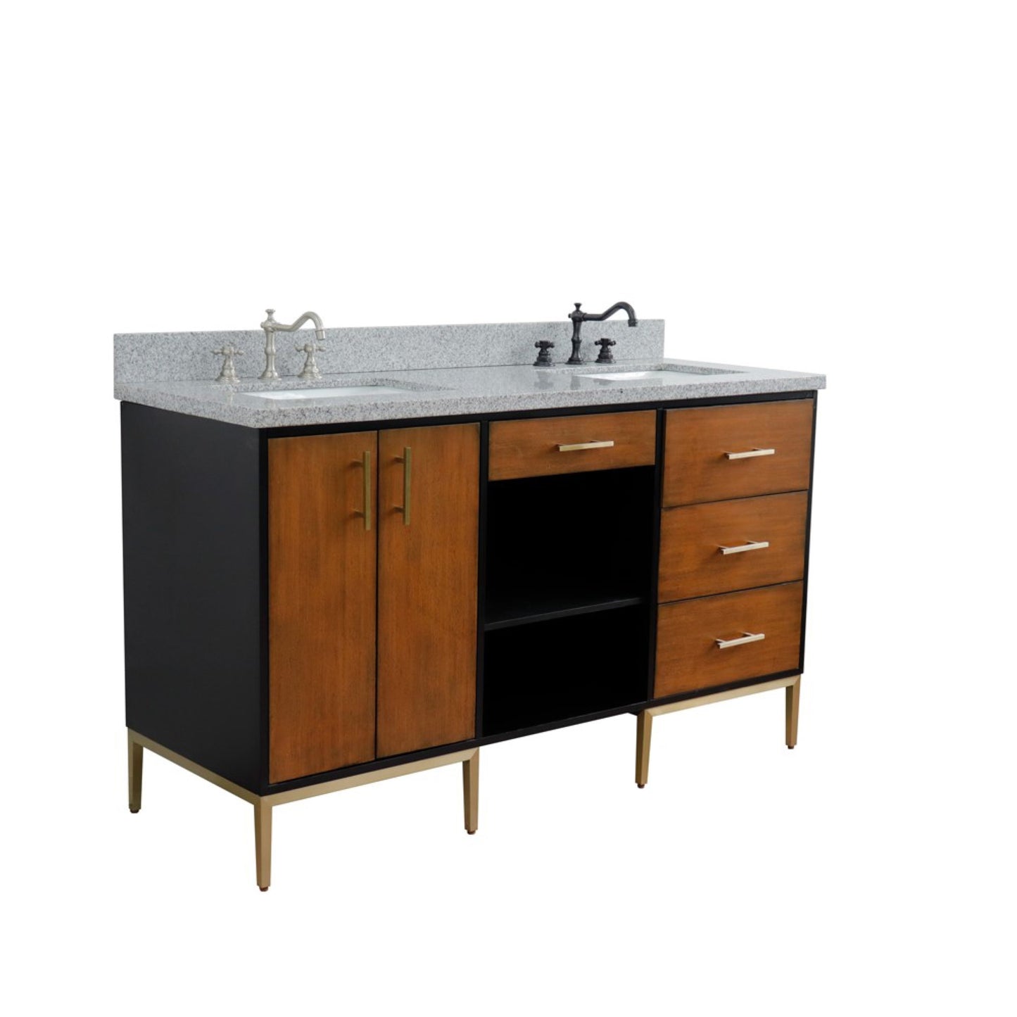 61" Double sink vanity in Walnut and Black finish and Gray granite and rectangle sink