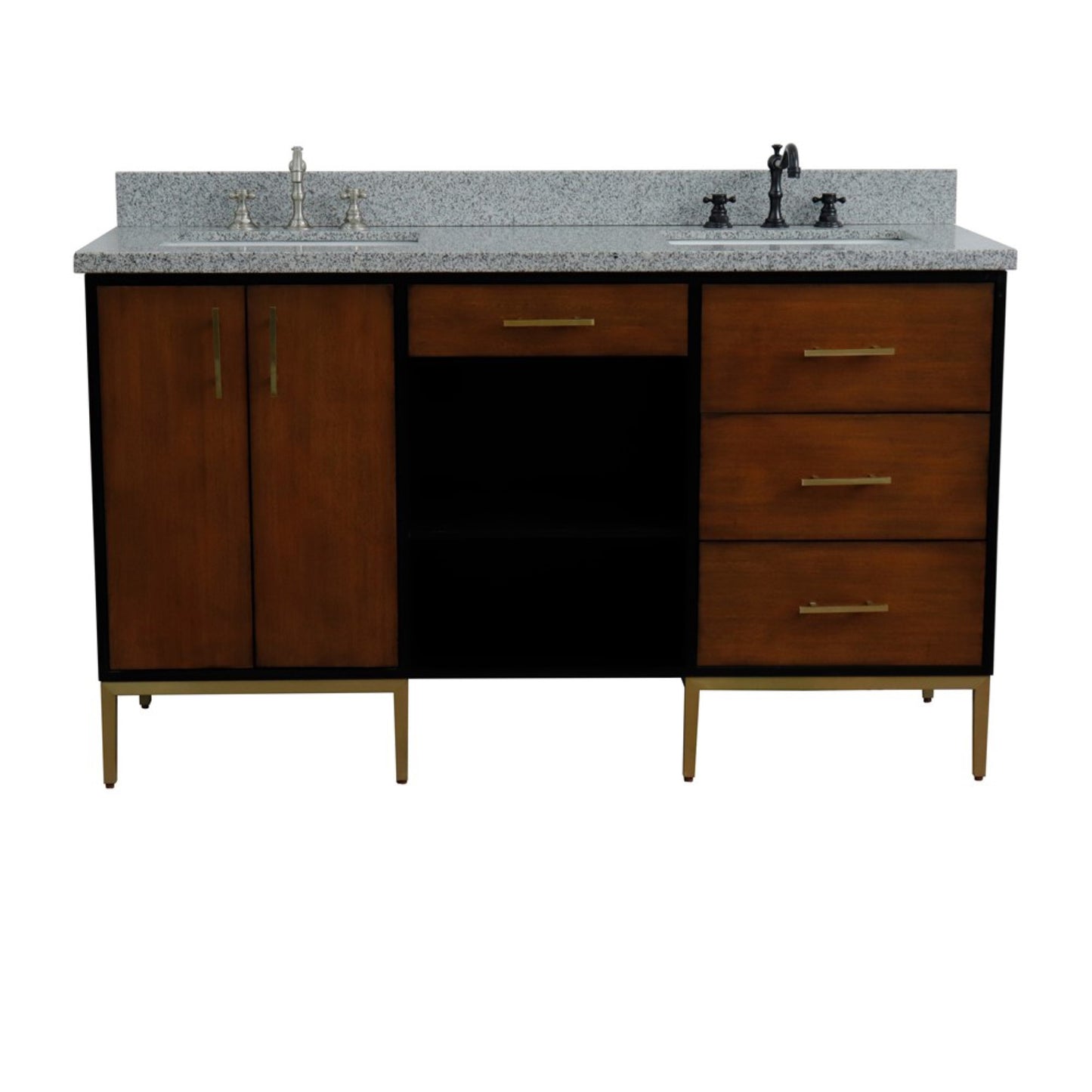 61" Double sink vanity in Walnut and Black finish and Gray granite and rectangle sink