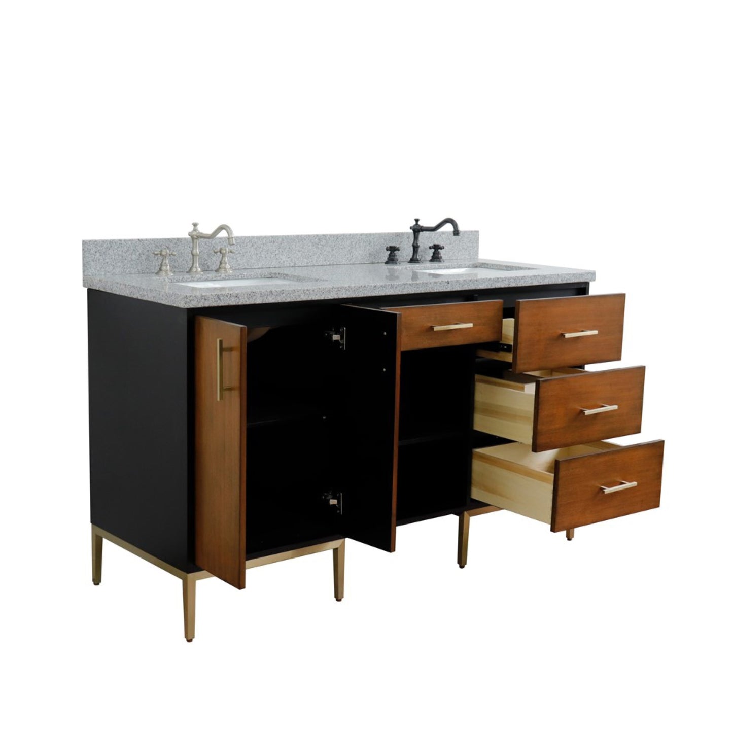 61" Double sink vanity in Walnut and Black finish and Gray granite and rectangle sink