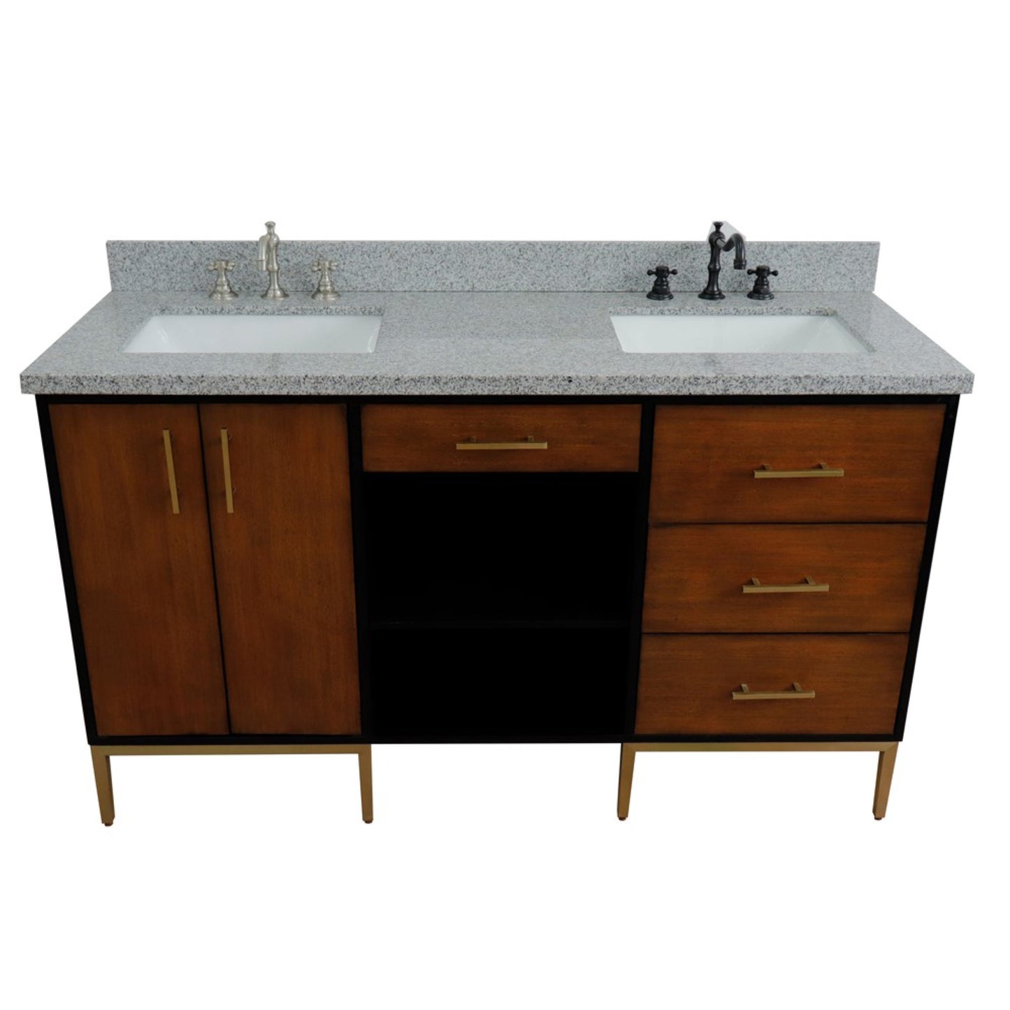 61" Double sink vanity in Walnut and Black finish and Gray granite and rectangle sink