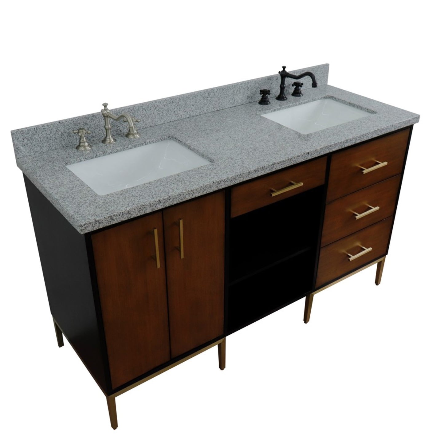 61" Double sink vanity in Walnut and Black finish and Gray granite and rectangle sink