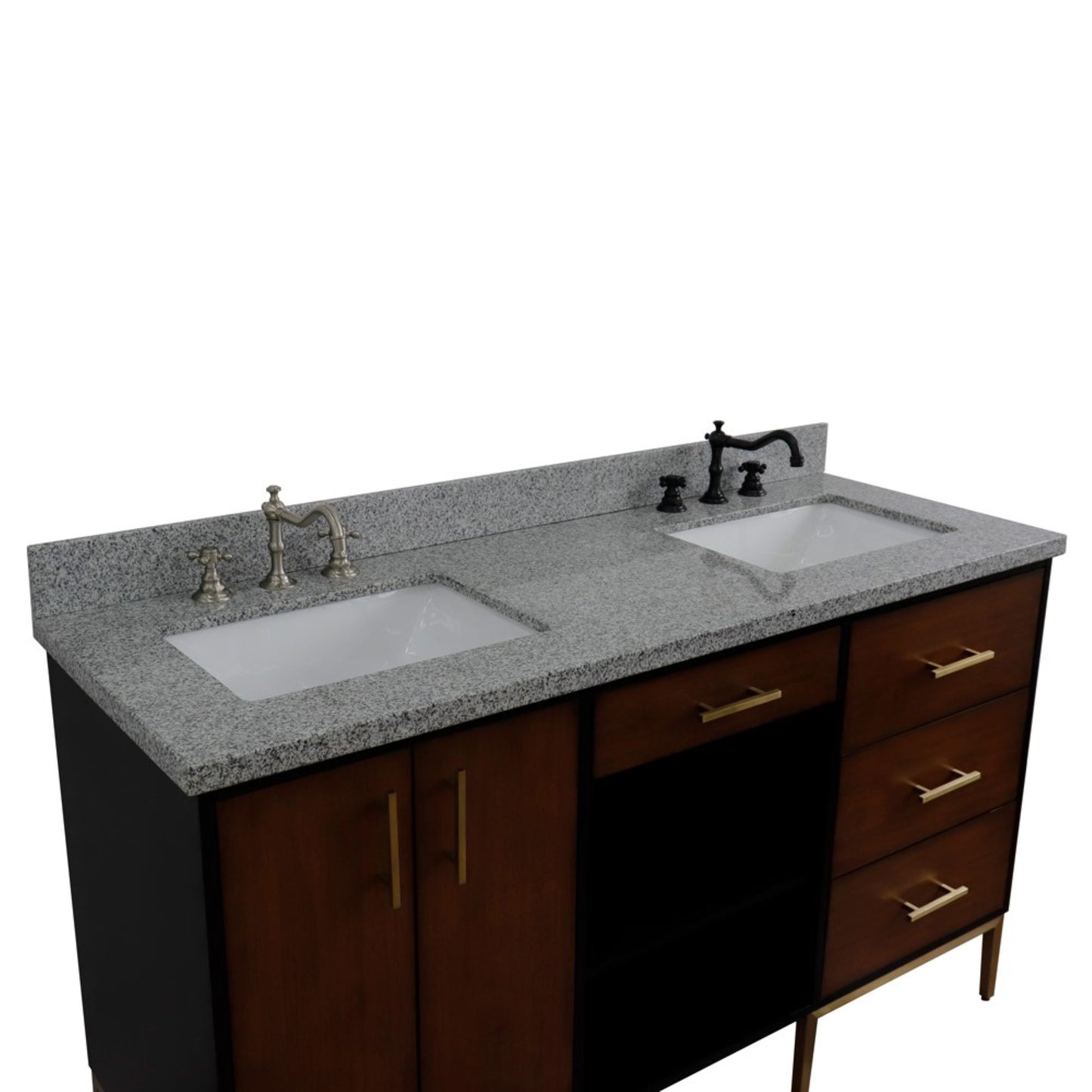 61" Double sink vanity in Walnut and Black finish and Gray granite and rectangle sink