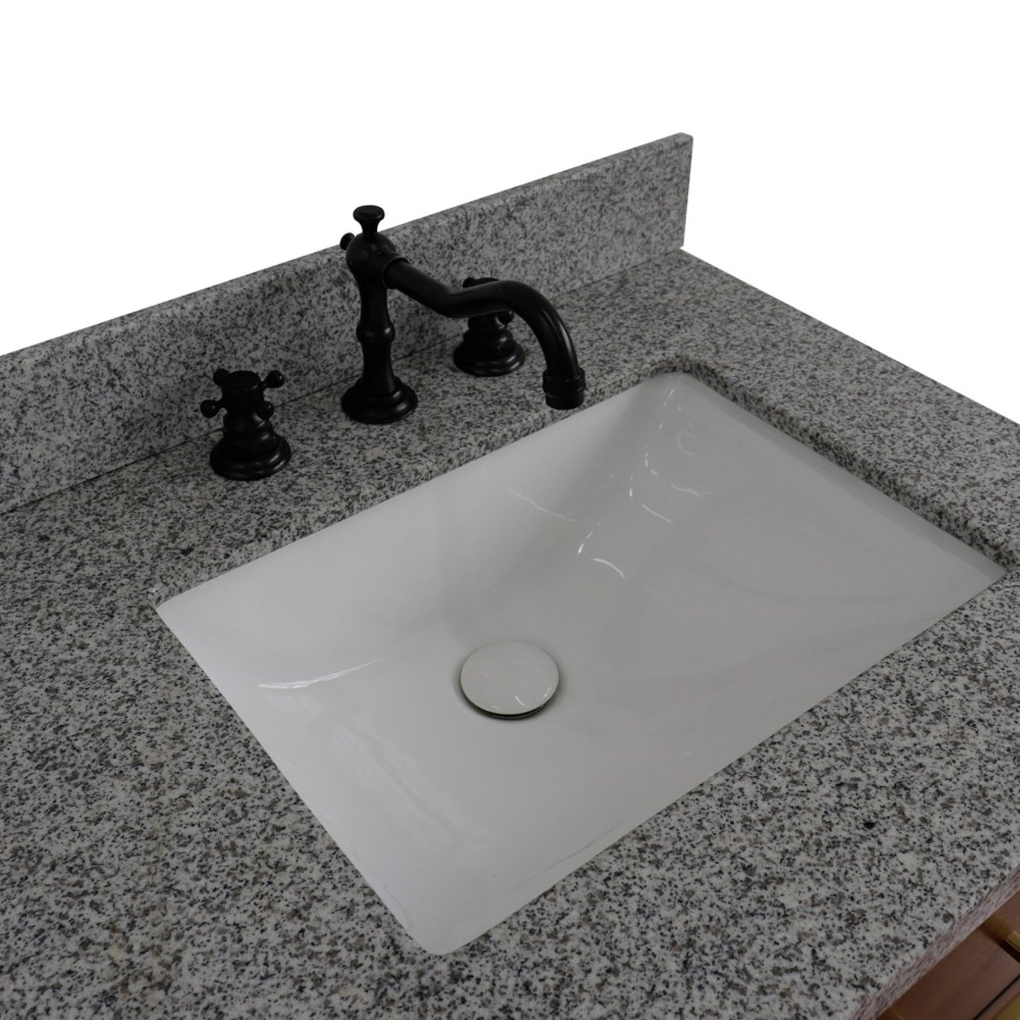 61" Double sink vanity in Walnut and Black finish and Gray granite and rectangle sink