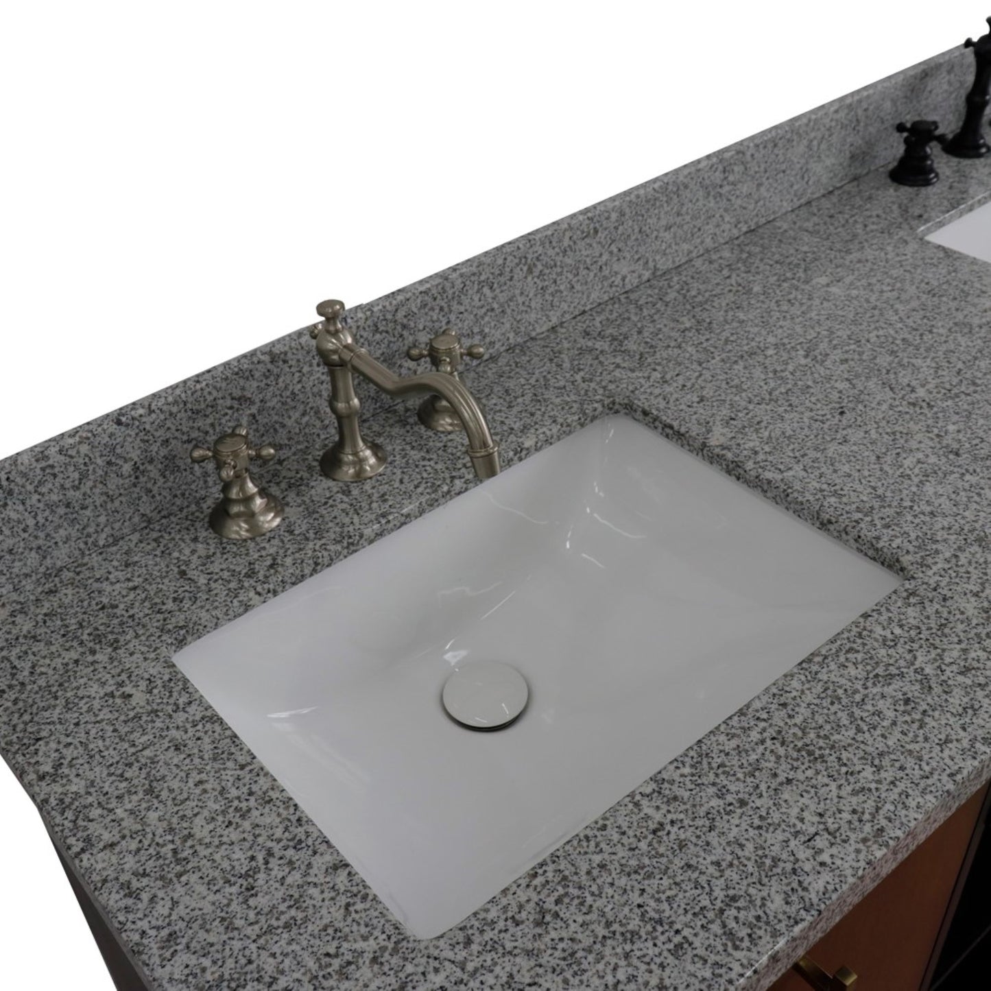 61" Double sink vanity in Walnut and Black finish and Gray granite and rectangle sink