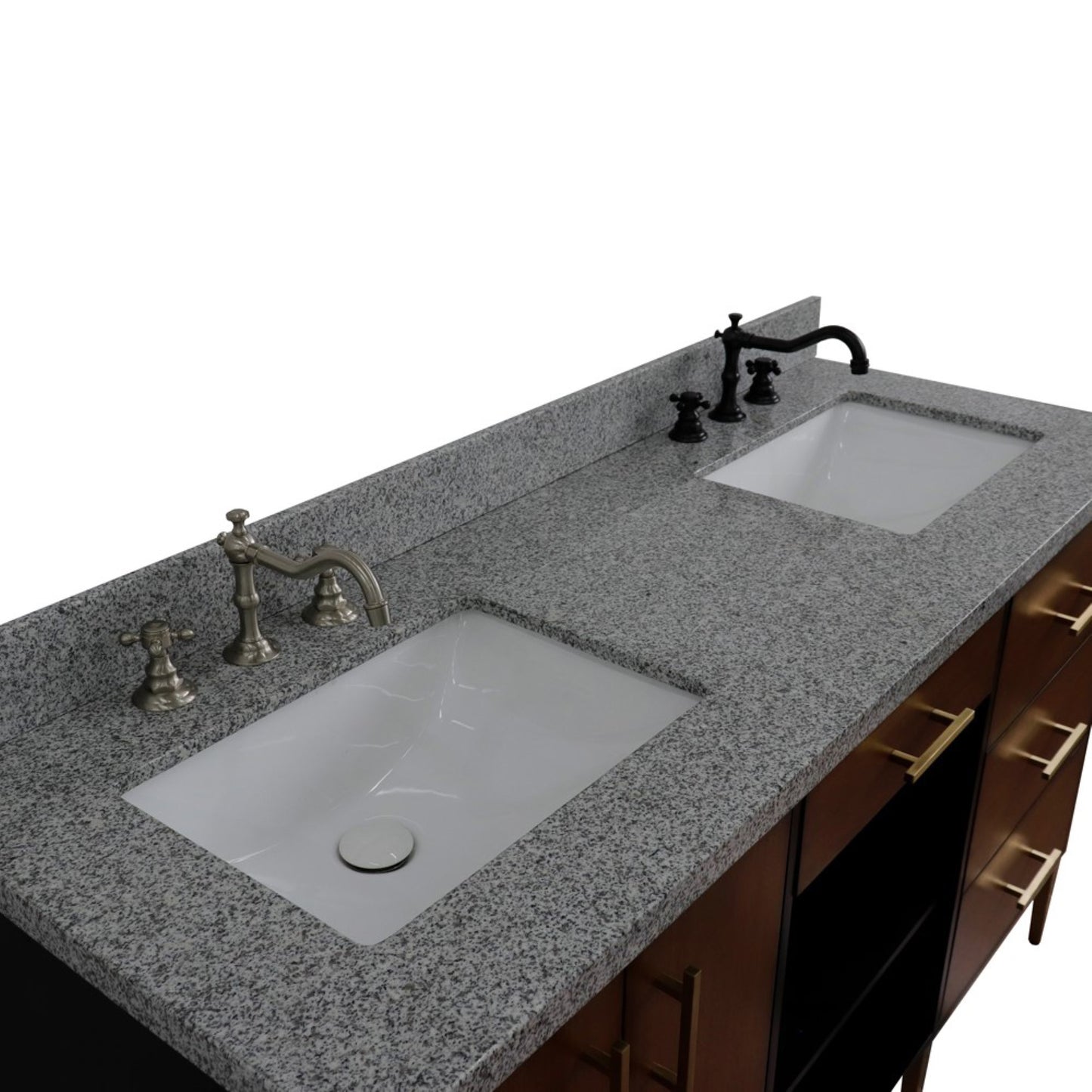 61" Double sink vanity in Walnut and Black finish and Gray granite and rectangle sink