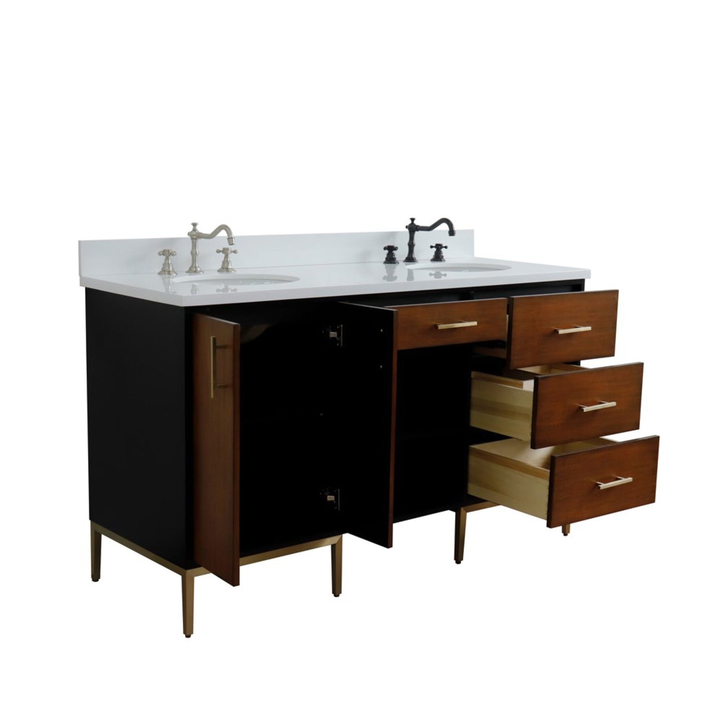 61" Double sink vanity in Walnut and Black finish and White engineered stone and oval sink