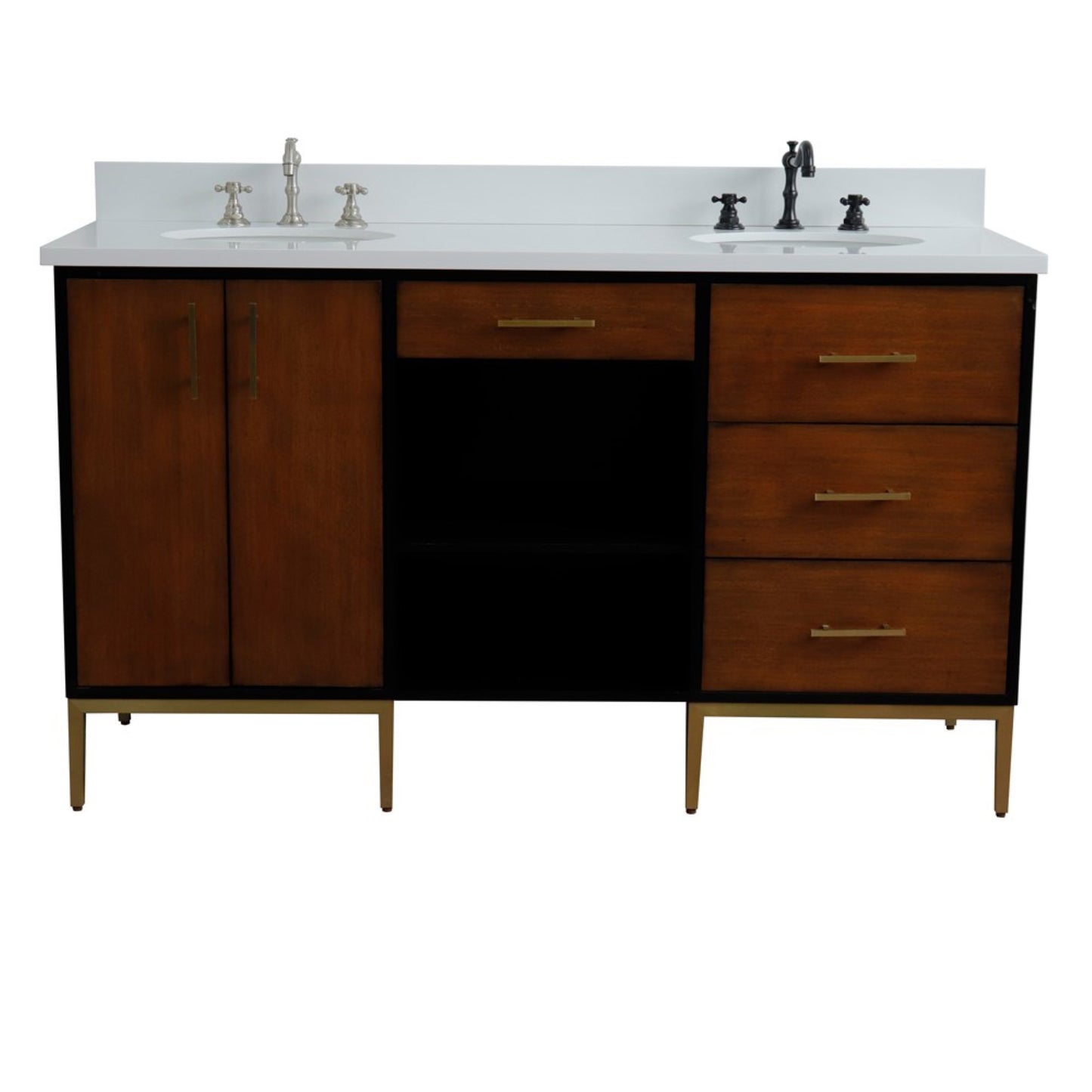 61" Double sink vanity in Walnut and Black finish and White engineered stone and oval sink