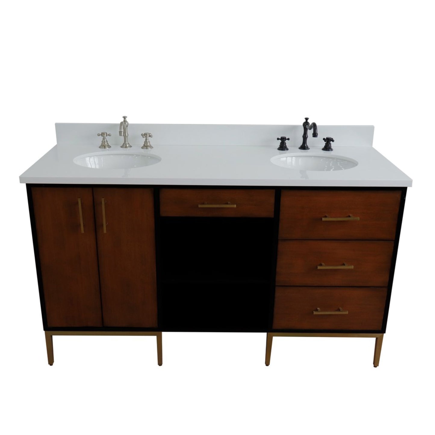 61" Double sink vanity in Walnut and Black finish and White engineered stone and oval sink