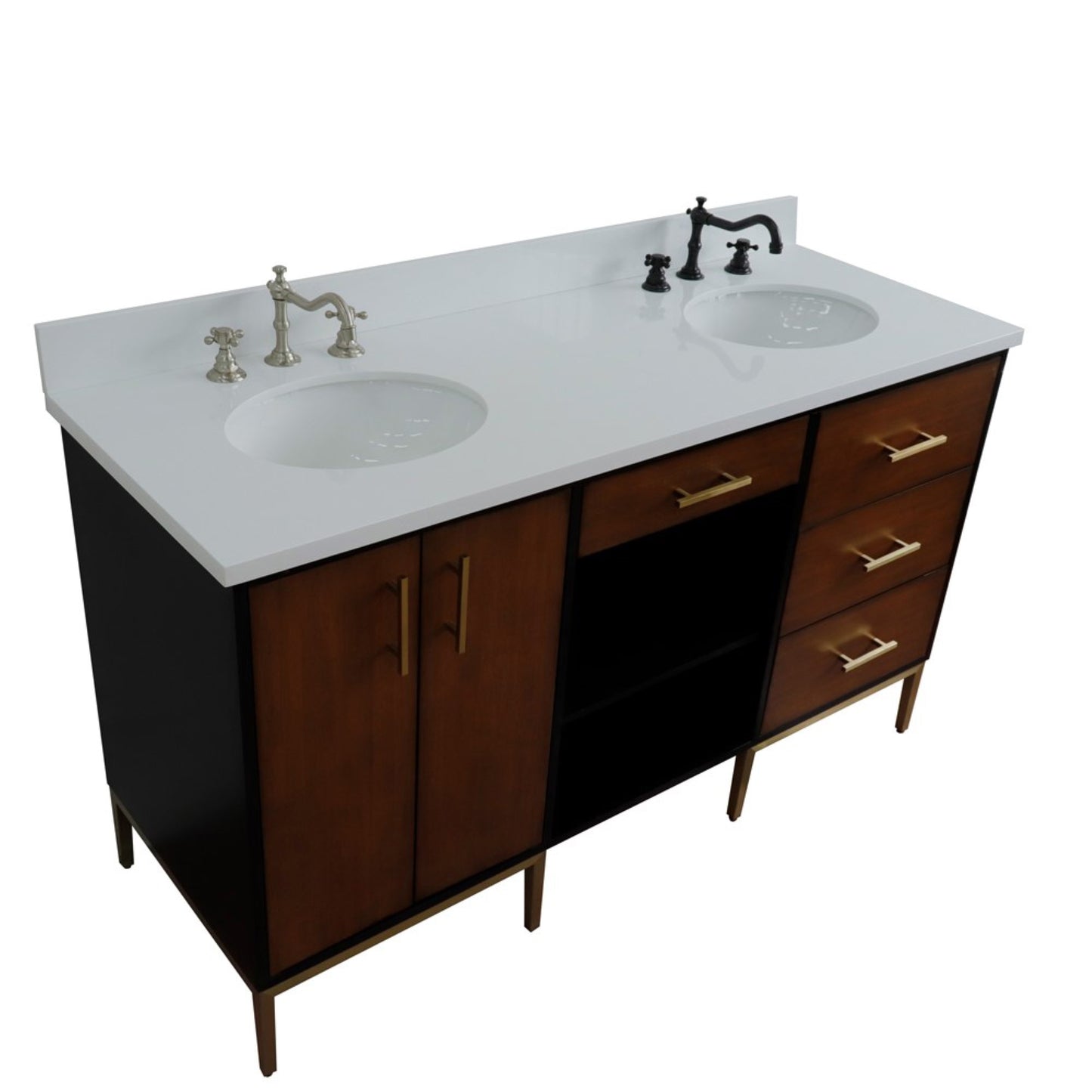 61" Double sink vanity in Walnut and Black finish and White engineered stone and oval sink