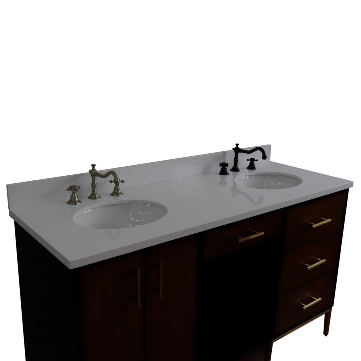 61" Double sink vanity in Walnut and Black finish and White engineered stone and oval sink