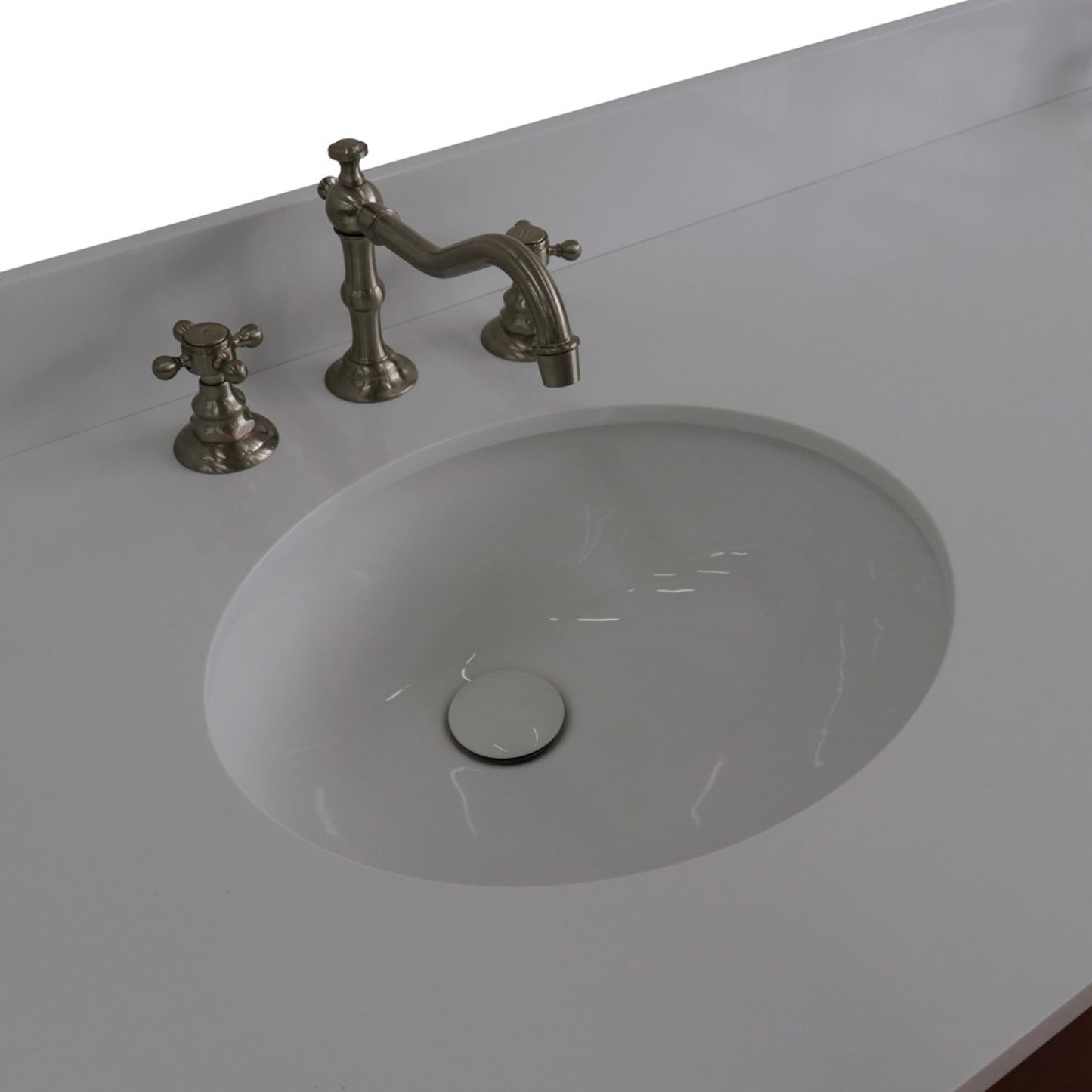 61" Double sink vanity in Walnut and Black finish and White engineered stone and oval sink