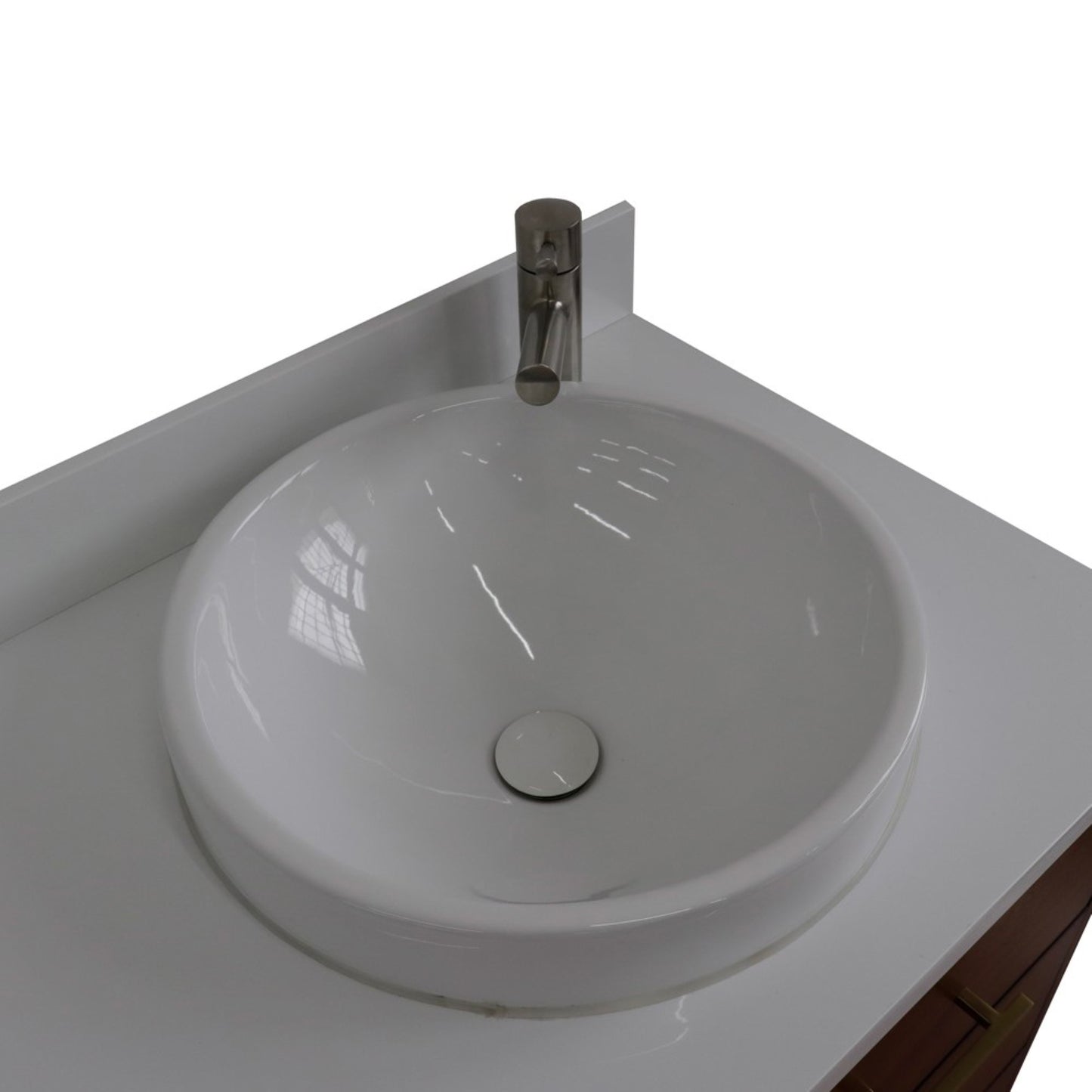 61" Double sink vanity in Walnut and Black finish and White engineered stone and round sink