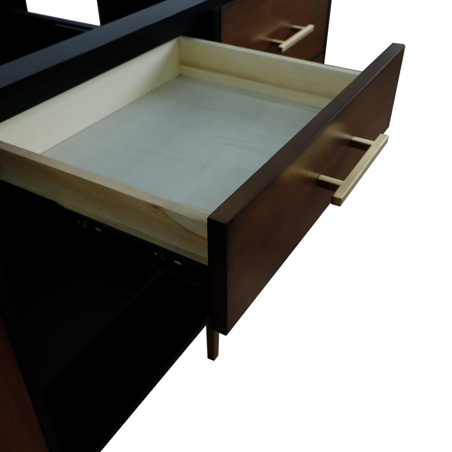 61" Double sink vanity in Walnut and Black finish and White engineered stone and round sink