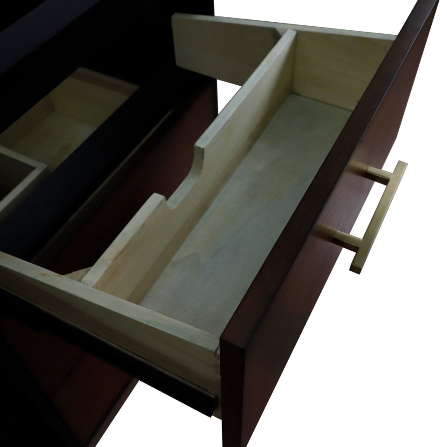 61" Double sink vanity in Walnut and Black finish and White engineered stone and round sink