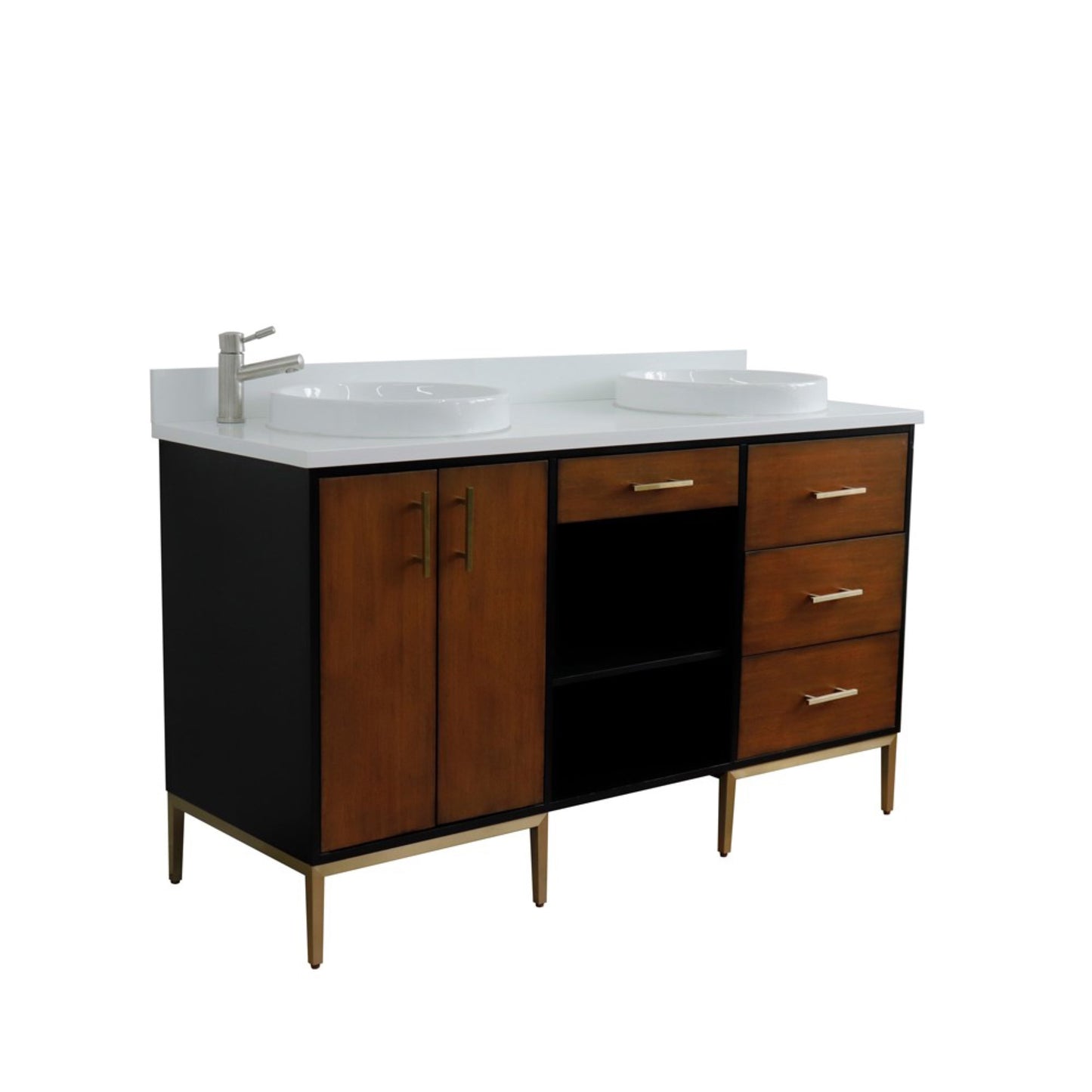 61" Double sink vanity in Walnut and Black finish and White engineered stone and round sink