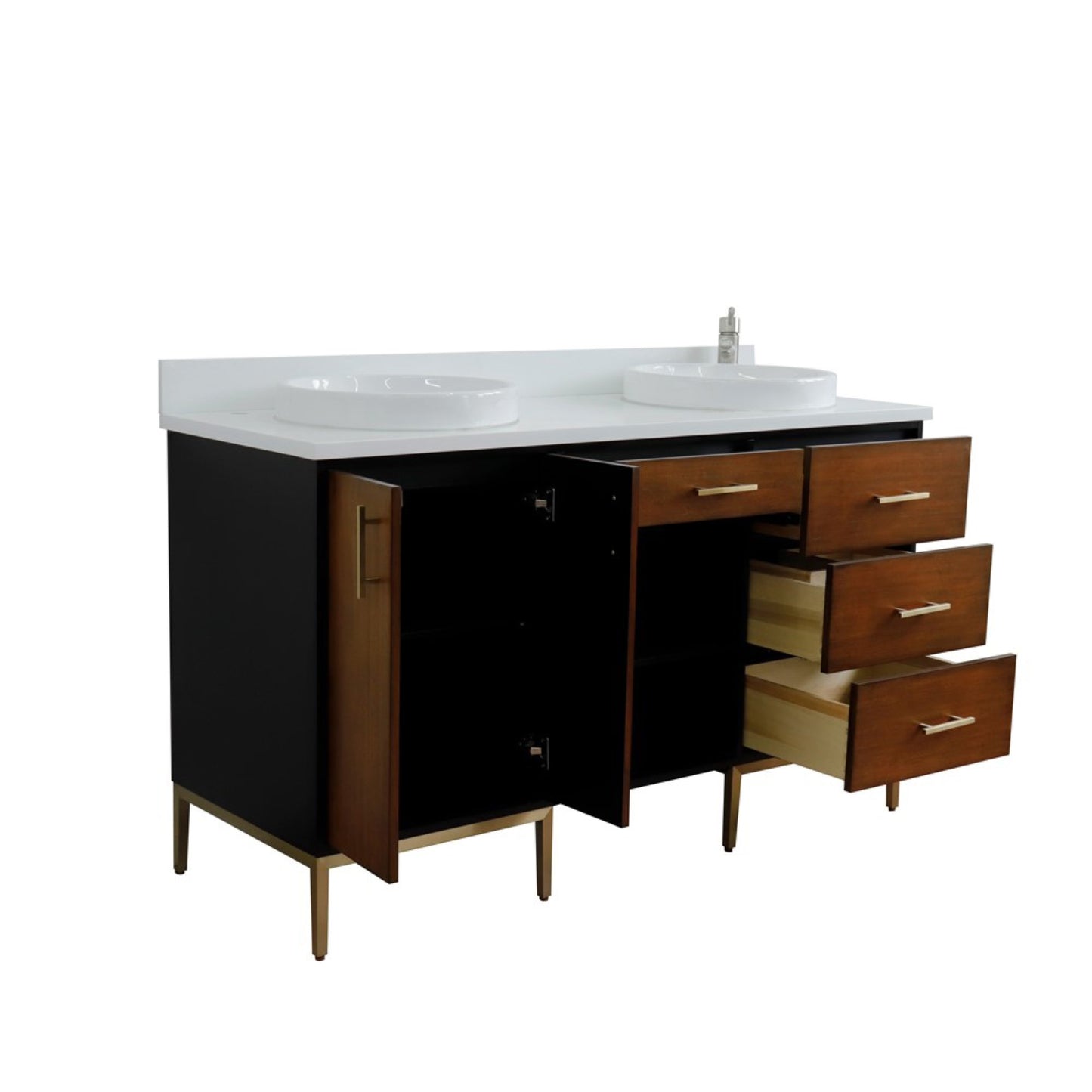 61" Double sink vanity in Walnut and Black finish and White engineered stone and round sink