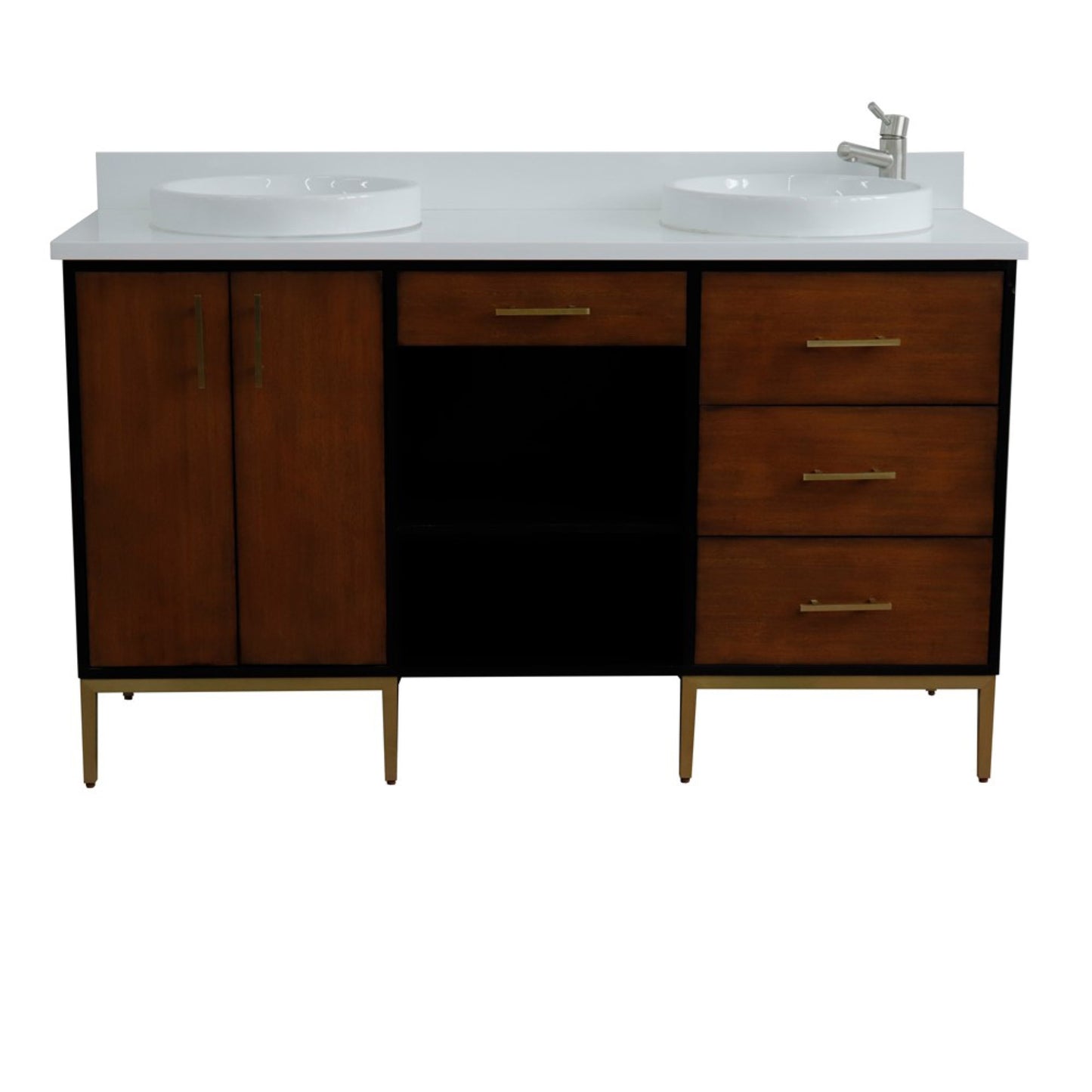 61" Double sink vanity in Walnut and Black finish and White engineered stone and round sink