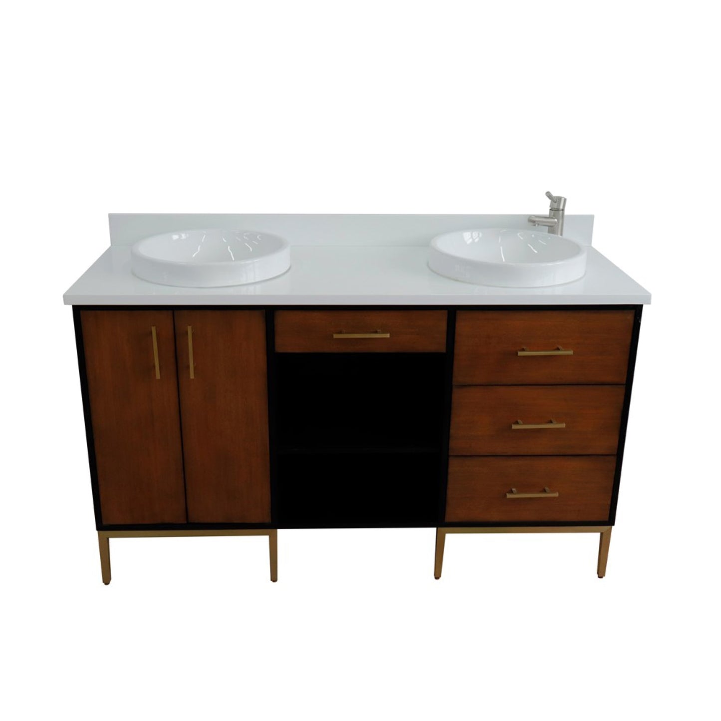 61" Double sink vanity in Walnut and Black finish and White engineered stone and round sink