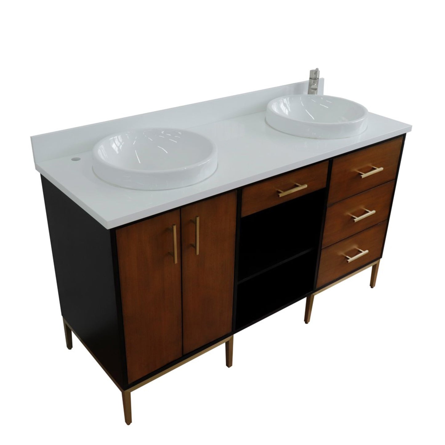 61" Double sink vanity in Walnut and Black finish and White engineered stone and round sink