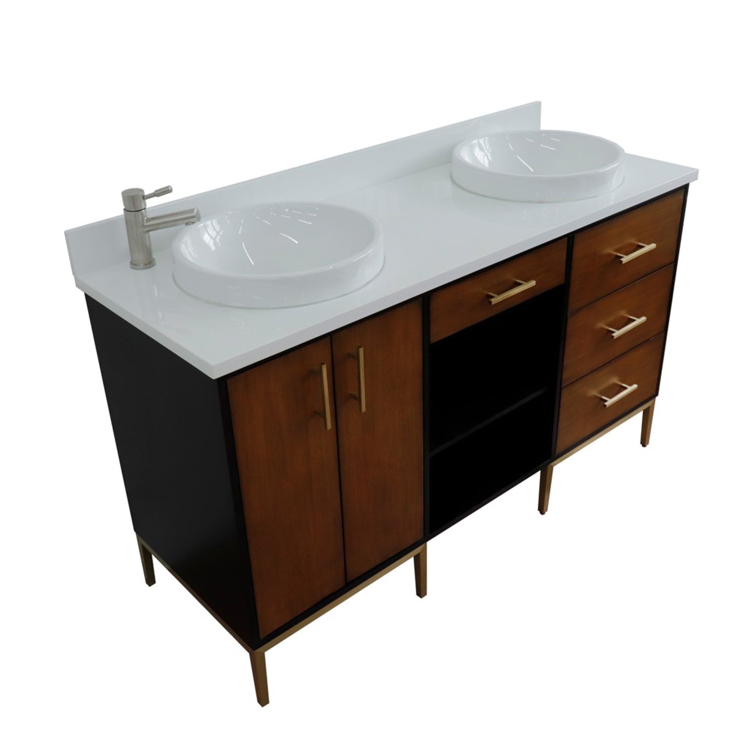 61" Double sink vanity in Walnut and Black finish and White engineered stone and round sink