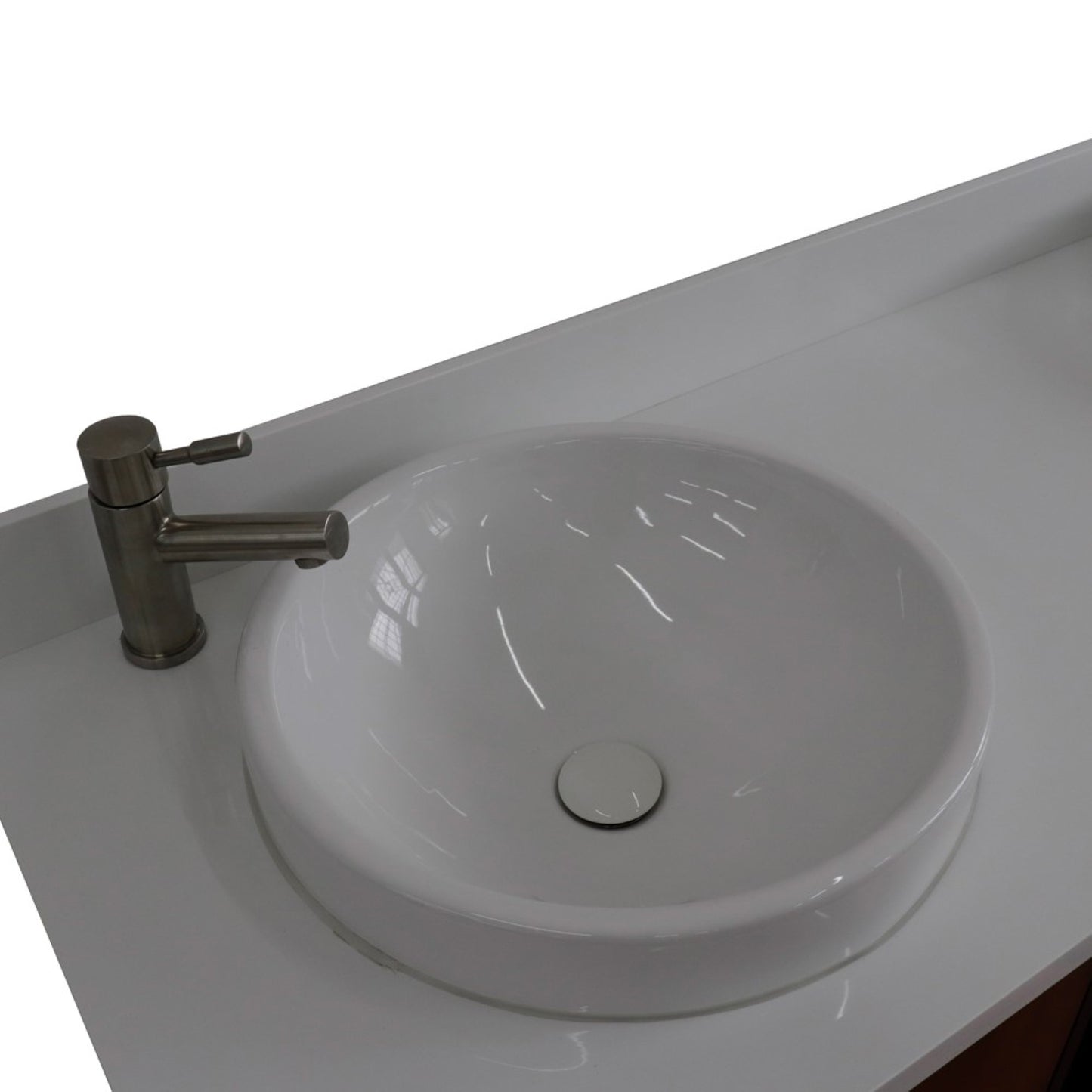 61" Double sink vanity in Walnut and Black finish and White engineered stone and round sink
