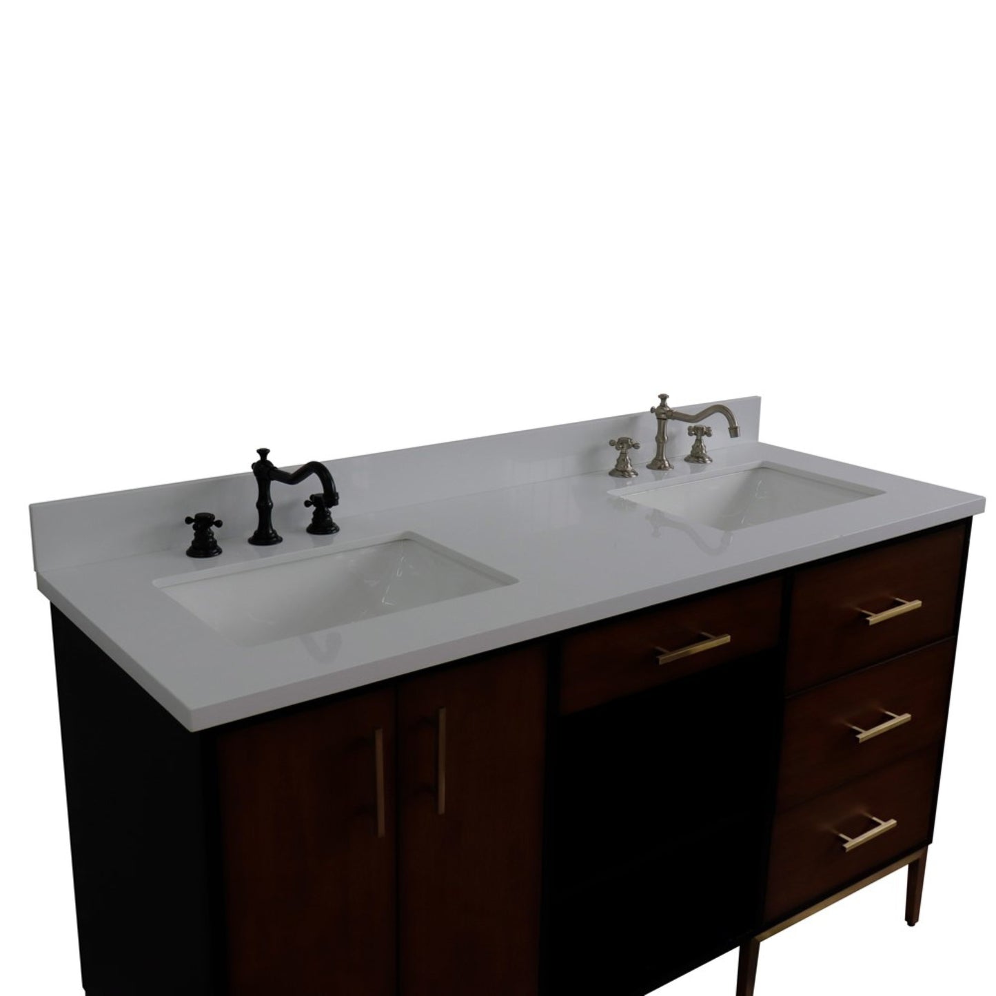 61" Double sink vanity in Walnut and Black finish and White engineered stone and rectangle sink