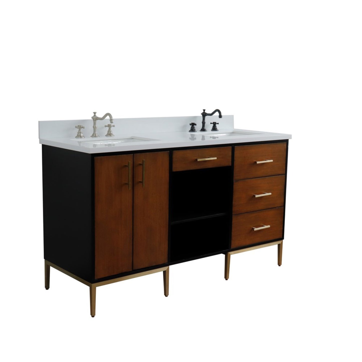 61" Double sink vanity in Walnut and Black finish and White engineered stone and rectangle sink