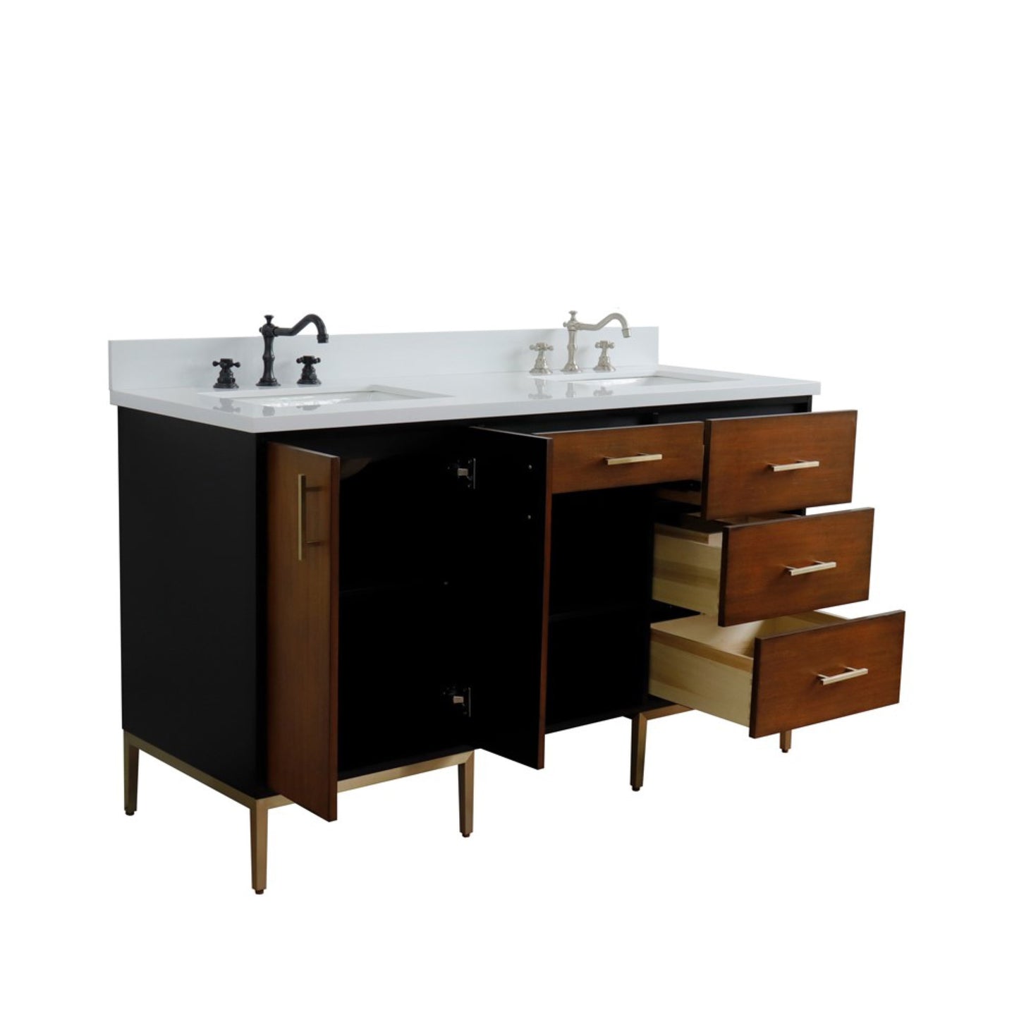 61" Double sink vanity in Walnut and Black finish and White engineered stone and rectangle sink