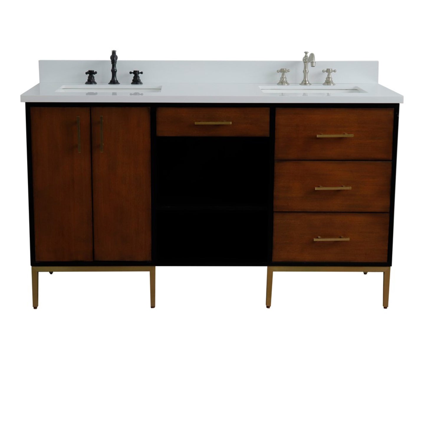 61" Double sink vanity in Walnut and Black finish and White engineered stone and rectangle sink