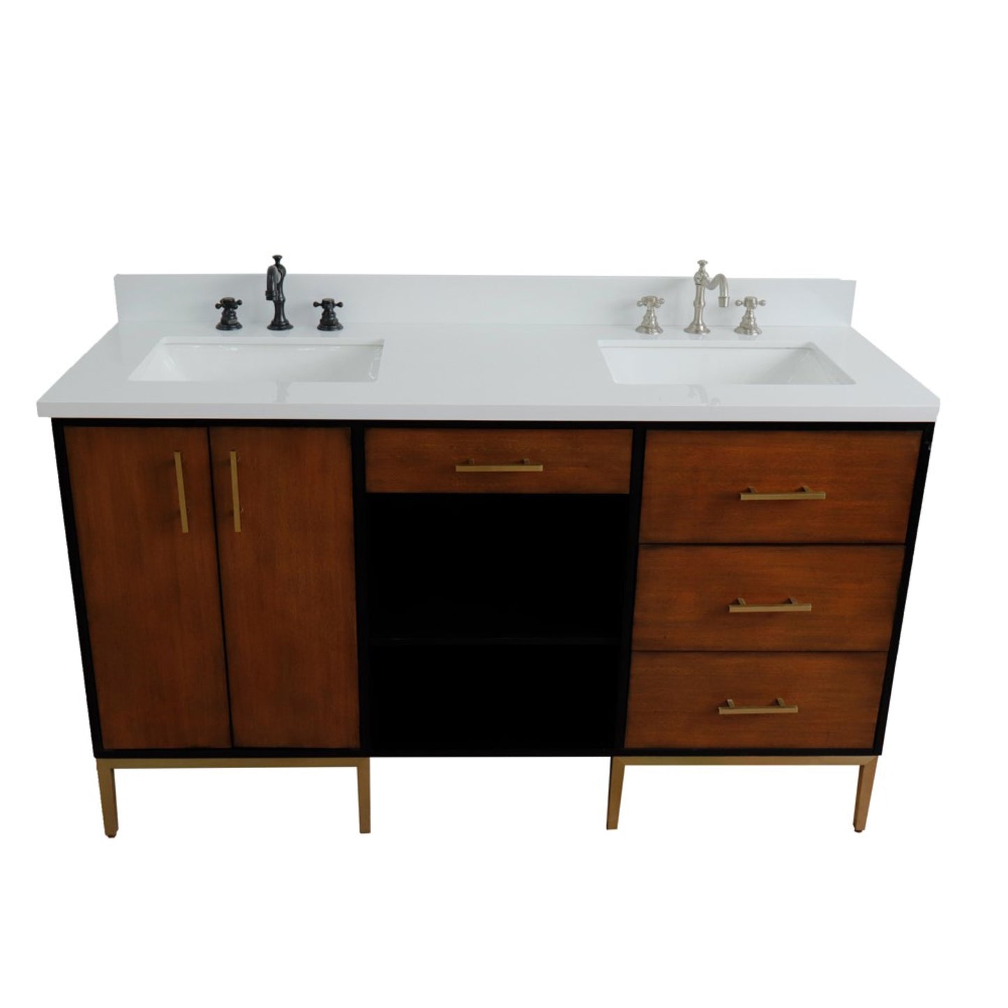 61" Double sink vanity in Walnut and Black finish and White engineered stone and rectangle sink