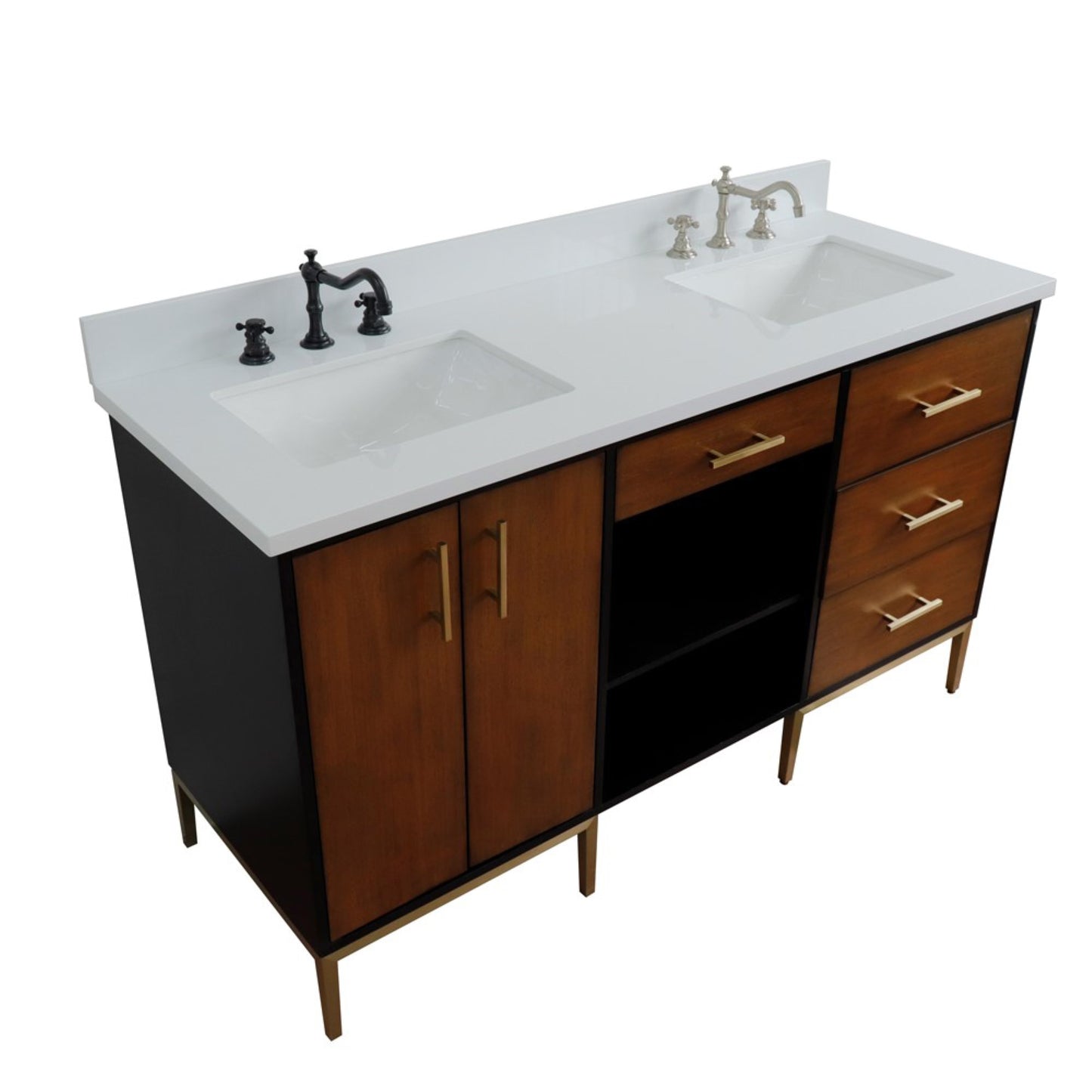 61" Double sink vanity in Walnut and Black finish and White engineered stone and rectangle sink