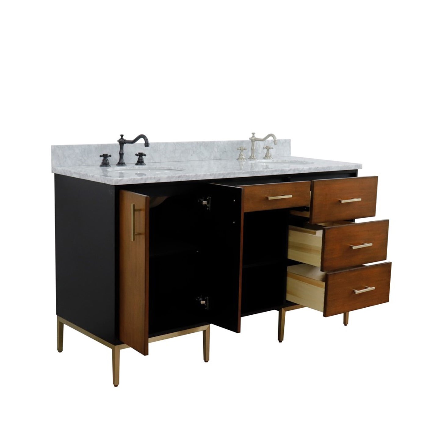 61" Double sink vanity in Walnut and Black finish and White Carrara marble and oval sink