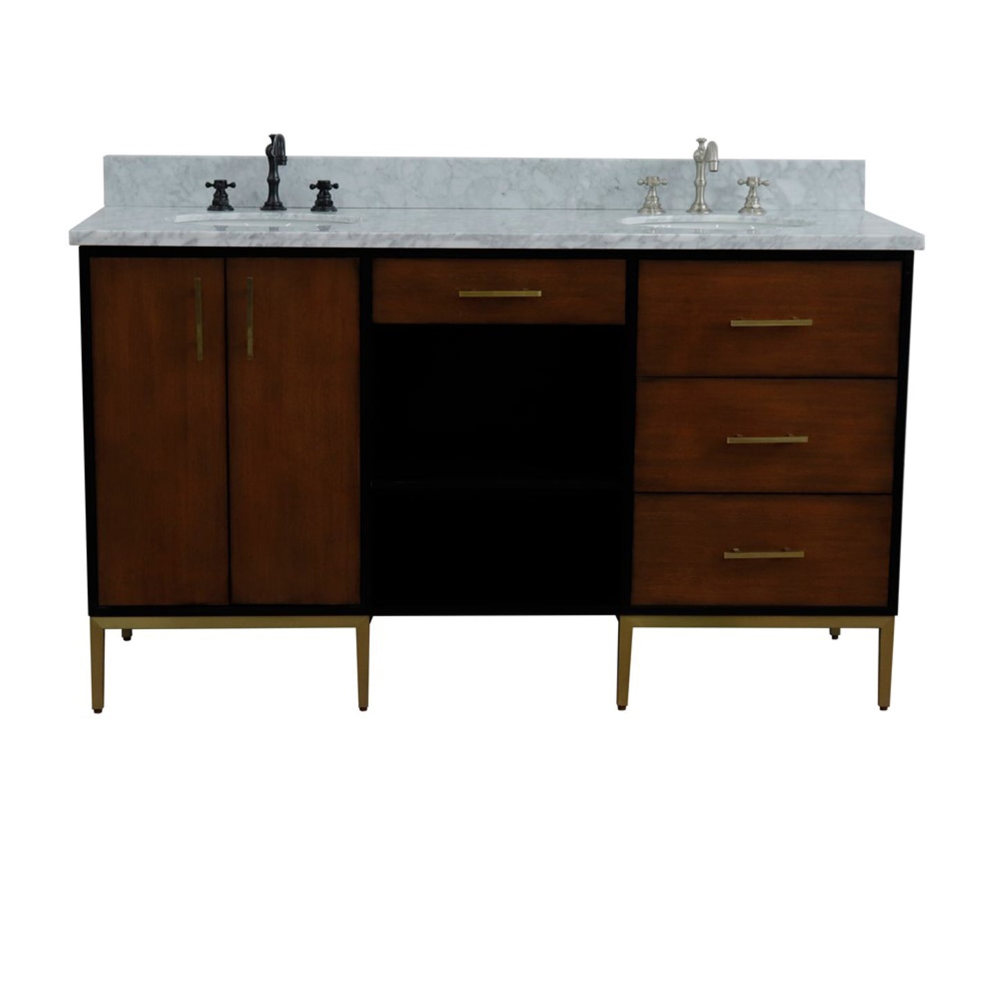61" Double sink vanity in Walnut and Black finish and White Carrara marble and oval sink