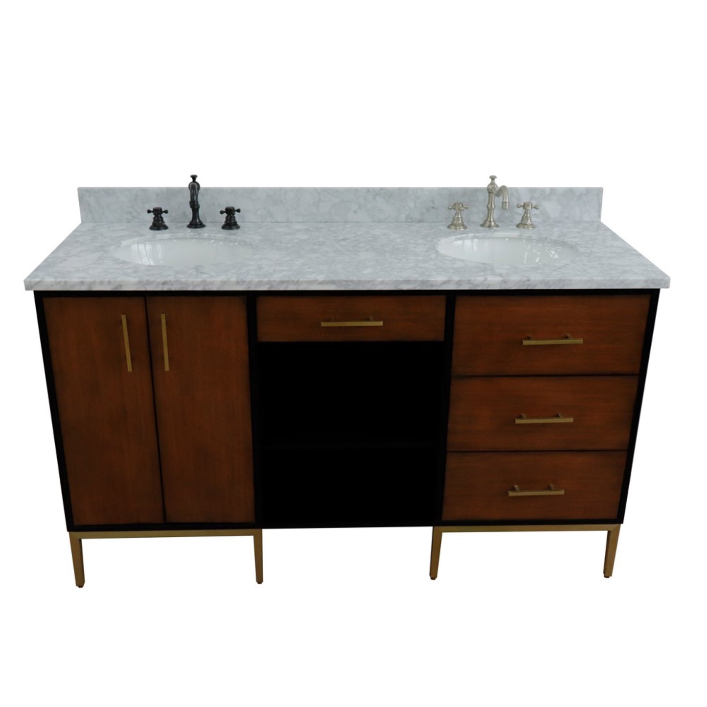 61" Double sink vanity in Walnut and Black finish and White Carrara marble and oval sink