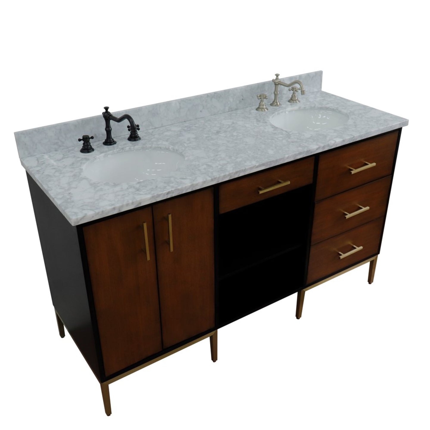 61" Double sink vanity in Walnut and Black finish and White Carrara marble and oval sink