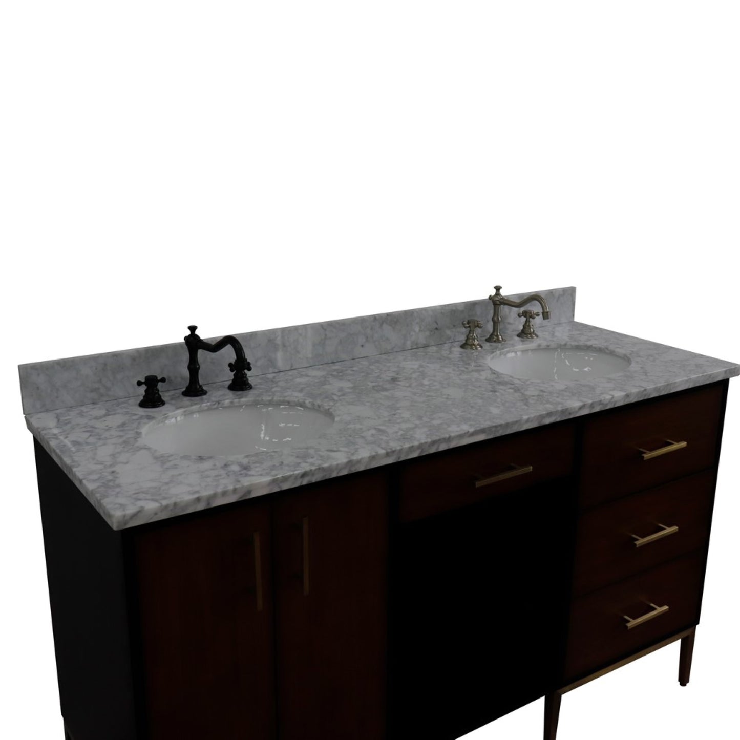61" Double sink vanity in Walnut and Black finish and White Carrara marble and oval sink