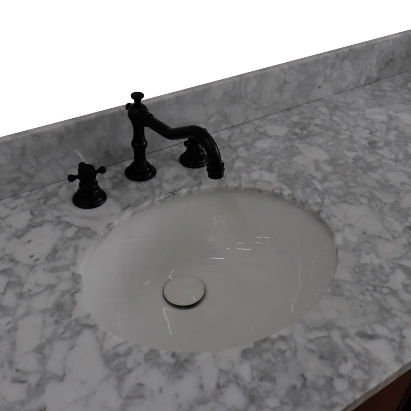 61" Double sink vanity in Walnut and Black finish and White Carrara marble and oval sink