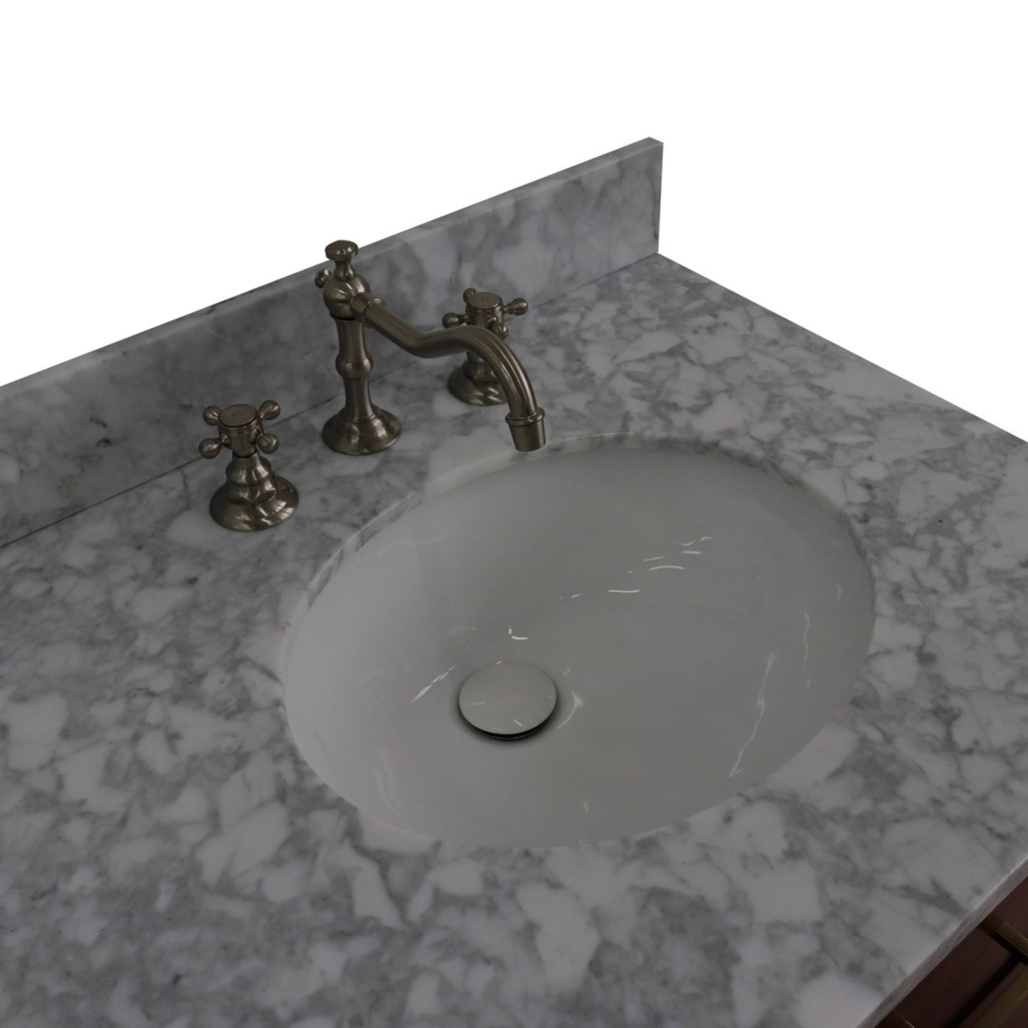 61" Double sink vanity in Walnut and Black finish and White Carrara marble and oval sink