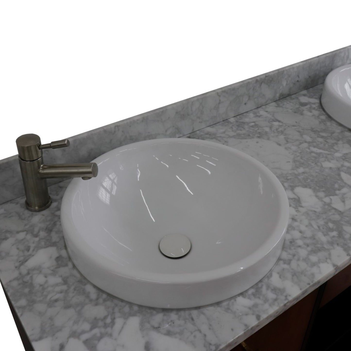 61" Double sink vanity in Walnut and Black finish and White Carrara marble and round sink